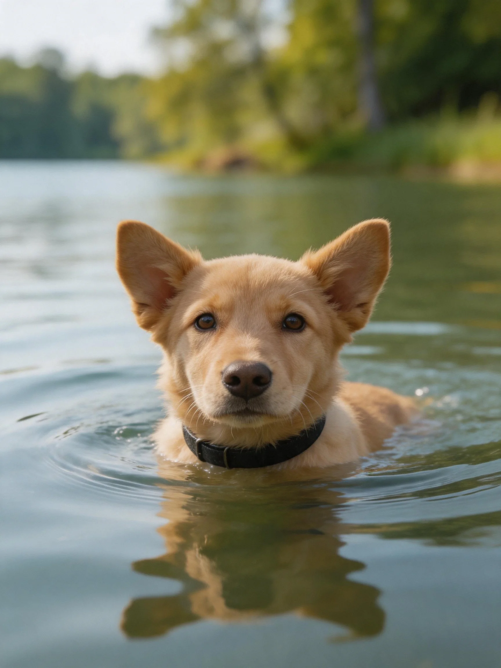 A tan puppy swimming in a calm river with green surroundings