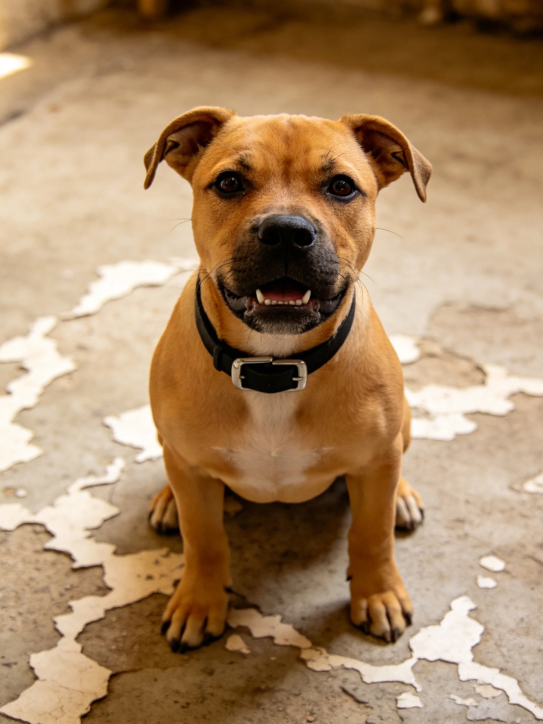 A tan puppy with a black collar sits calmly on a cracked concrete floor.