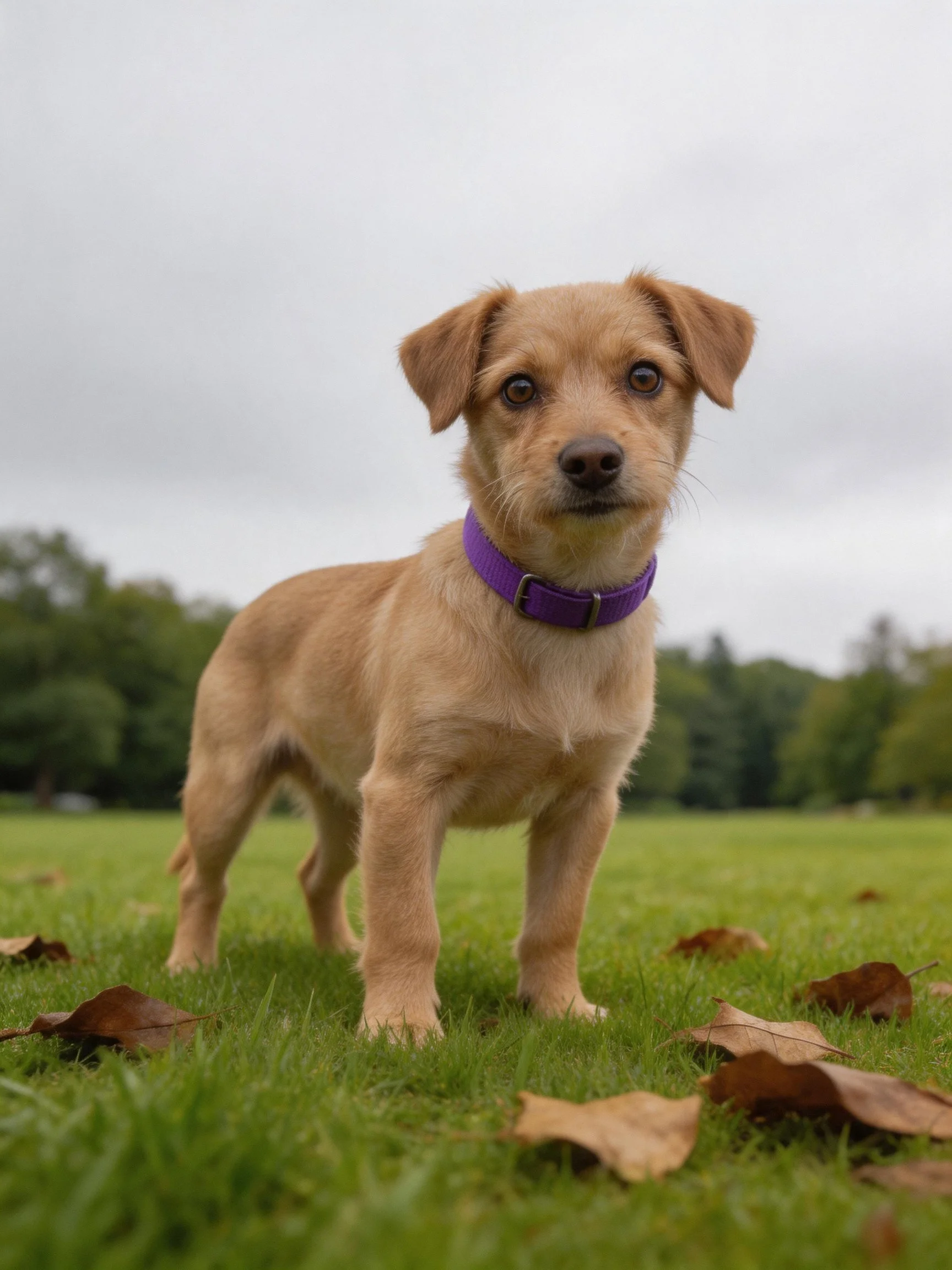 A tan puppy with a purple collar stands on green grass amid scattered leaves.