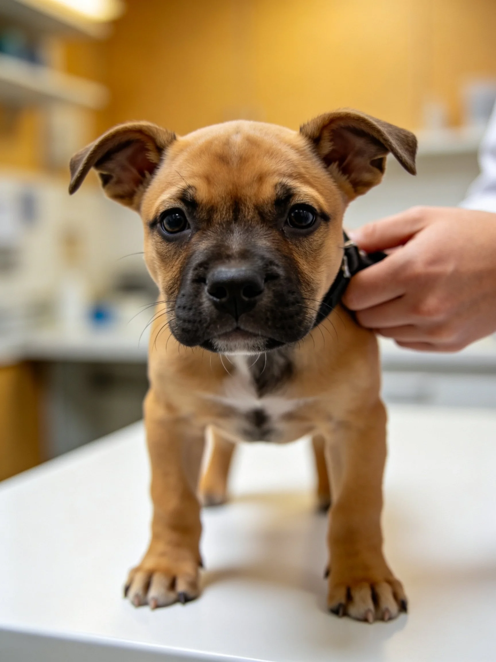 A tan puppy with dark facial markings on a white surface