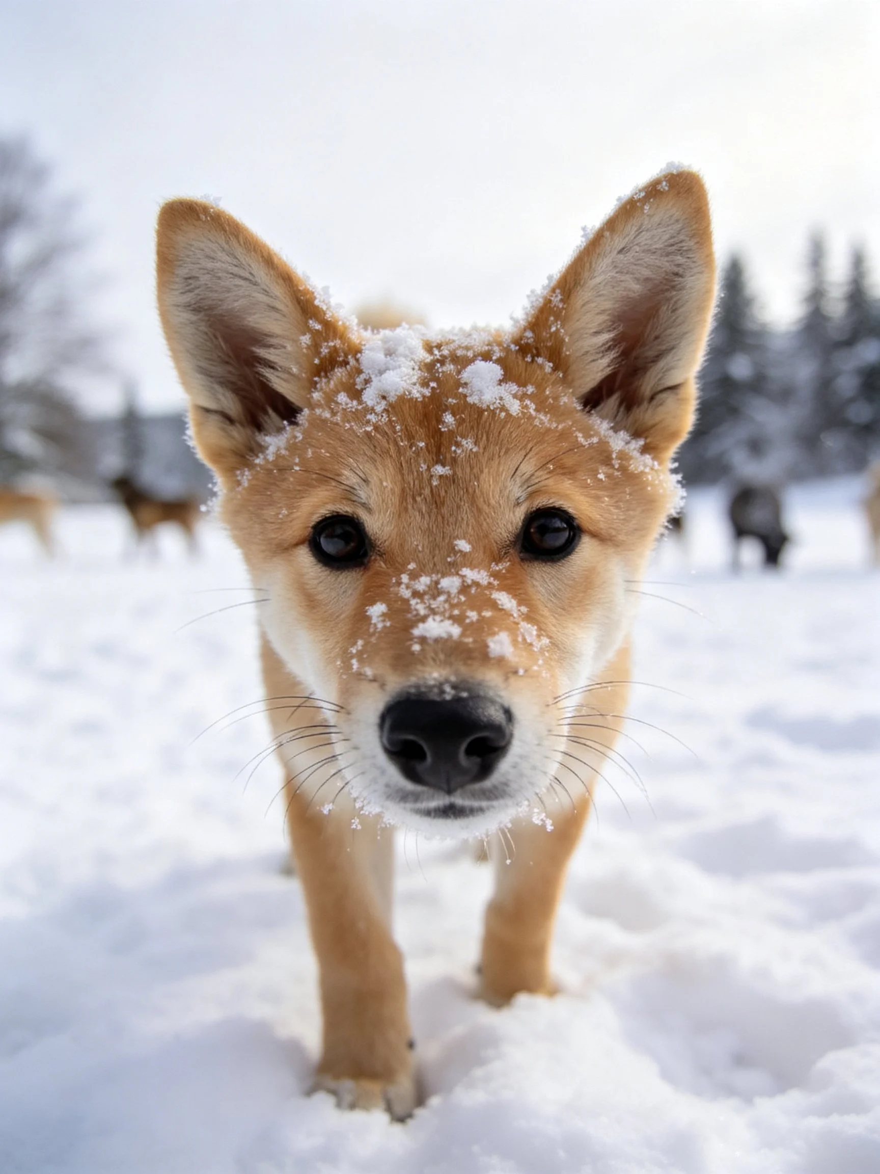 A tan puppy with snow on its head stands in a snowy outdoor area.