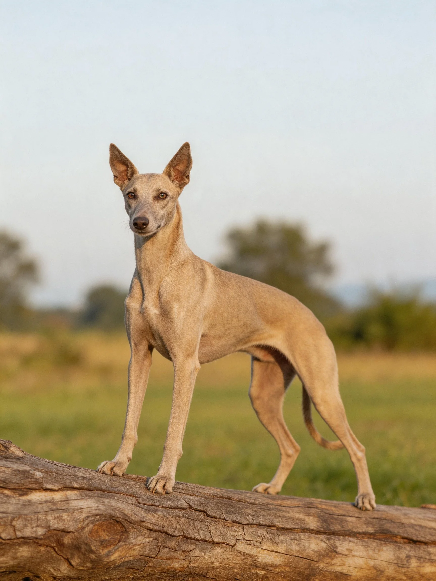 A tan slender dog stands on a weathered wooden log in an open field