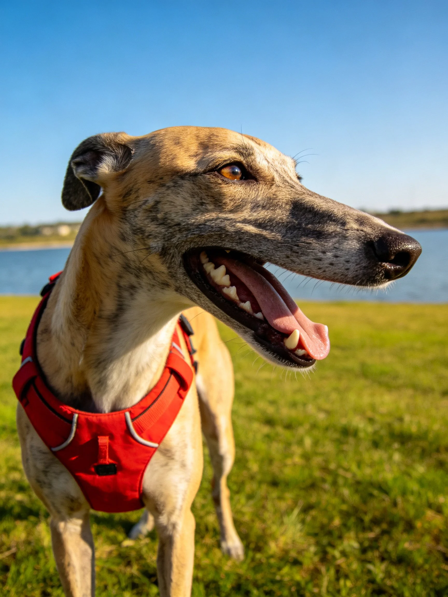 A tan-spotted dog in a bright red harness by a grassy lakeside