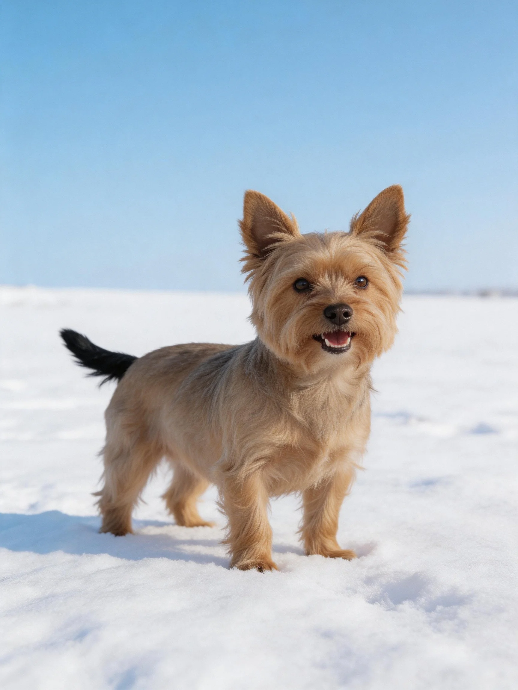 A tan terrier stands on a snowy field with a clear blue sky.