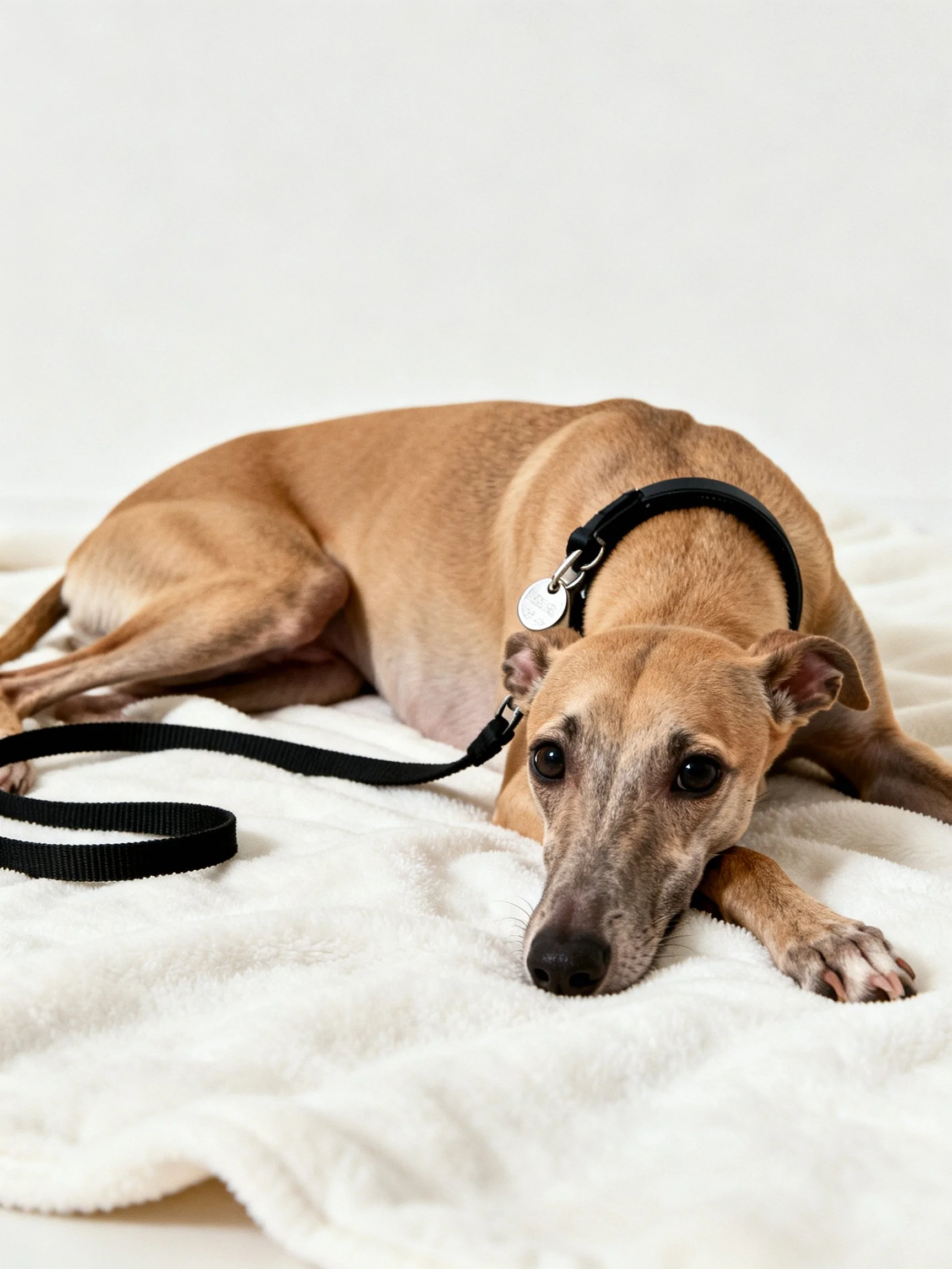 A tan whippet rests on a plush white towel with a black collar