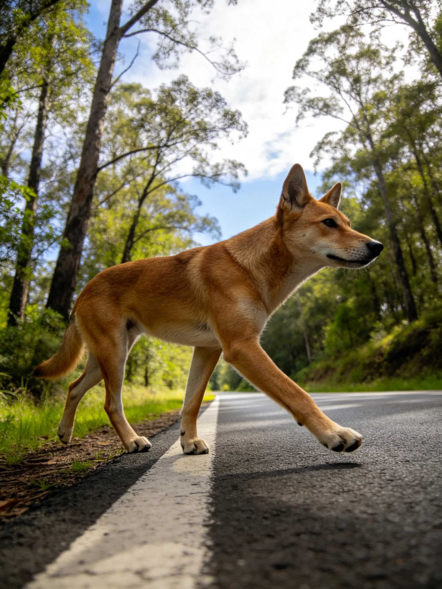 A tan wild dog crosses a paved road near lush green trees