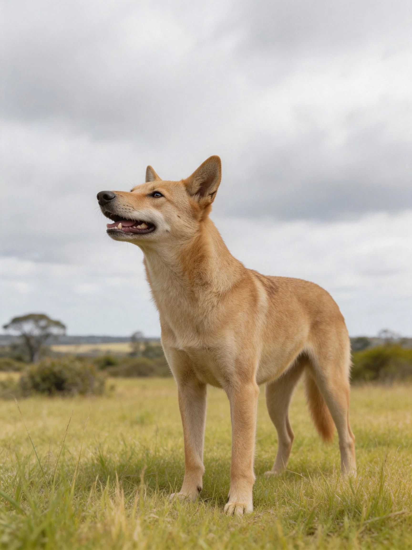 A tan wild dog stands in an open grassland under cloudy skies
