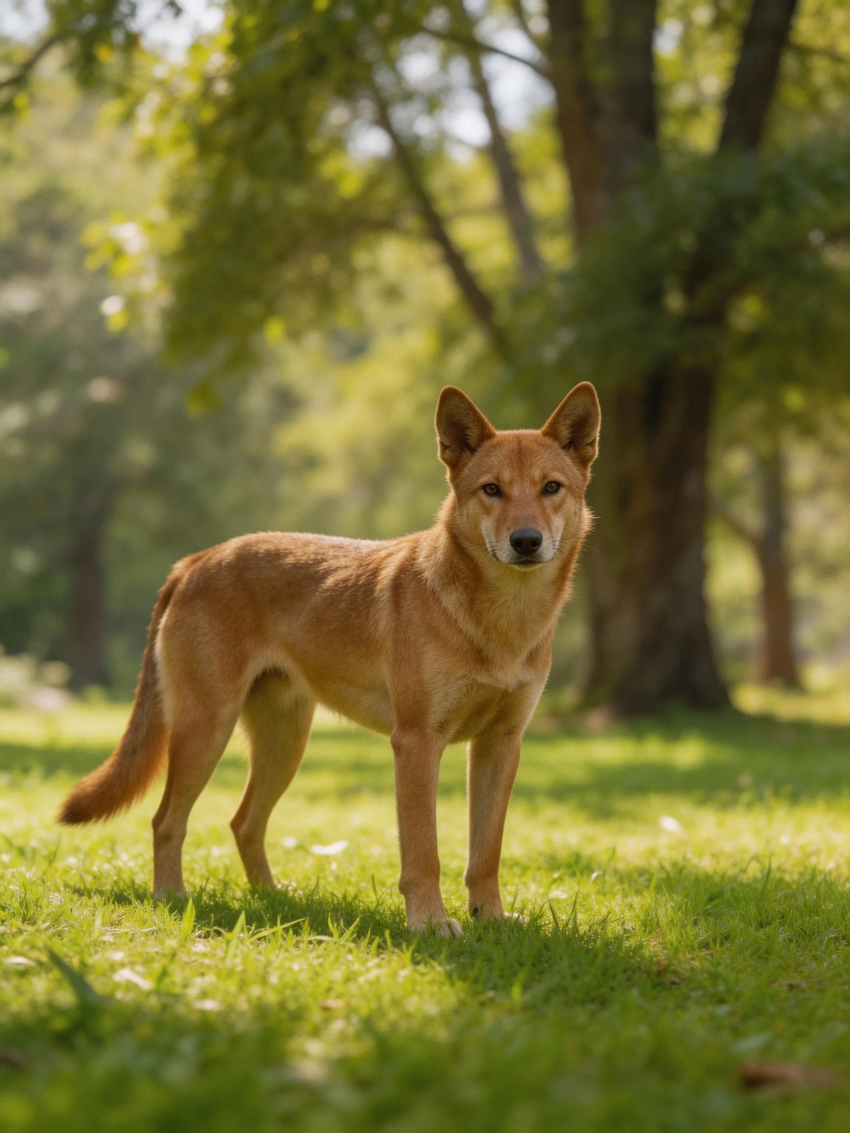 A tan wild dog stands on green grass near large trees