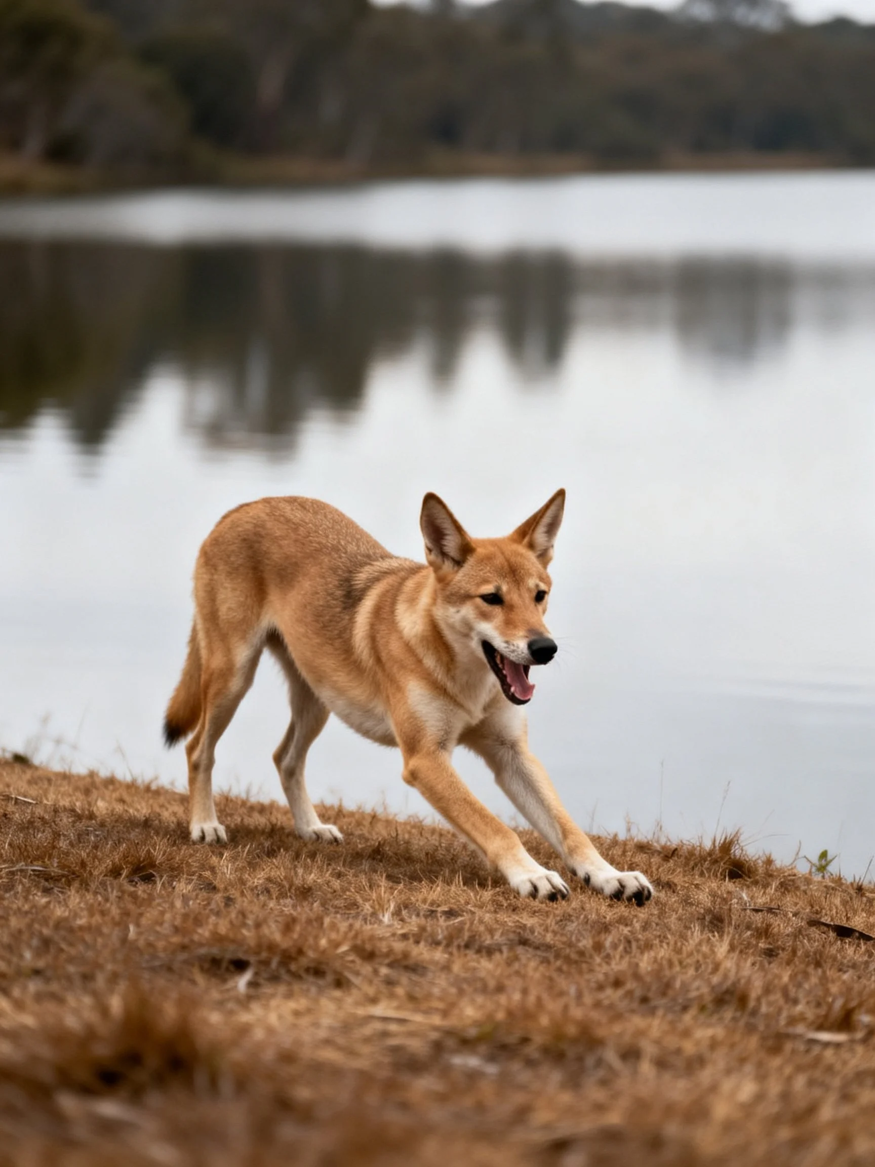 A tan wild dog stretches on dry grass beside a calm lake
