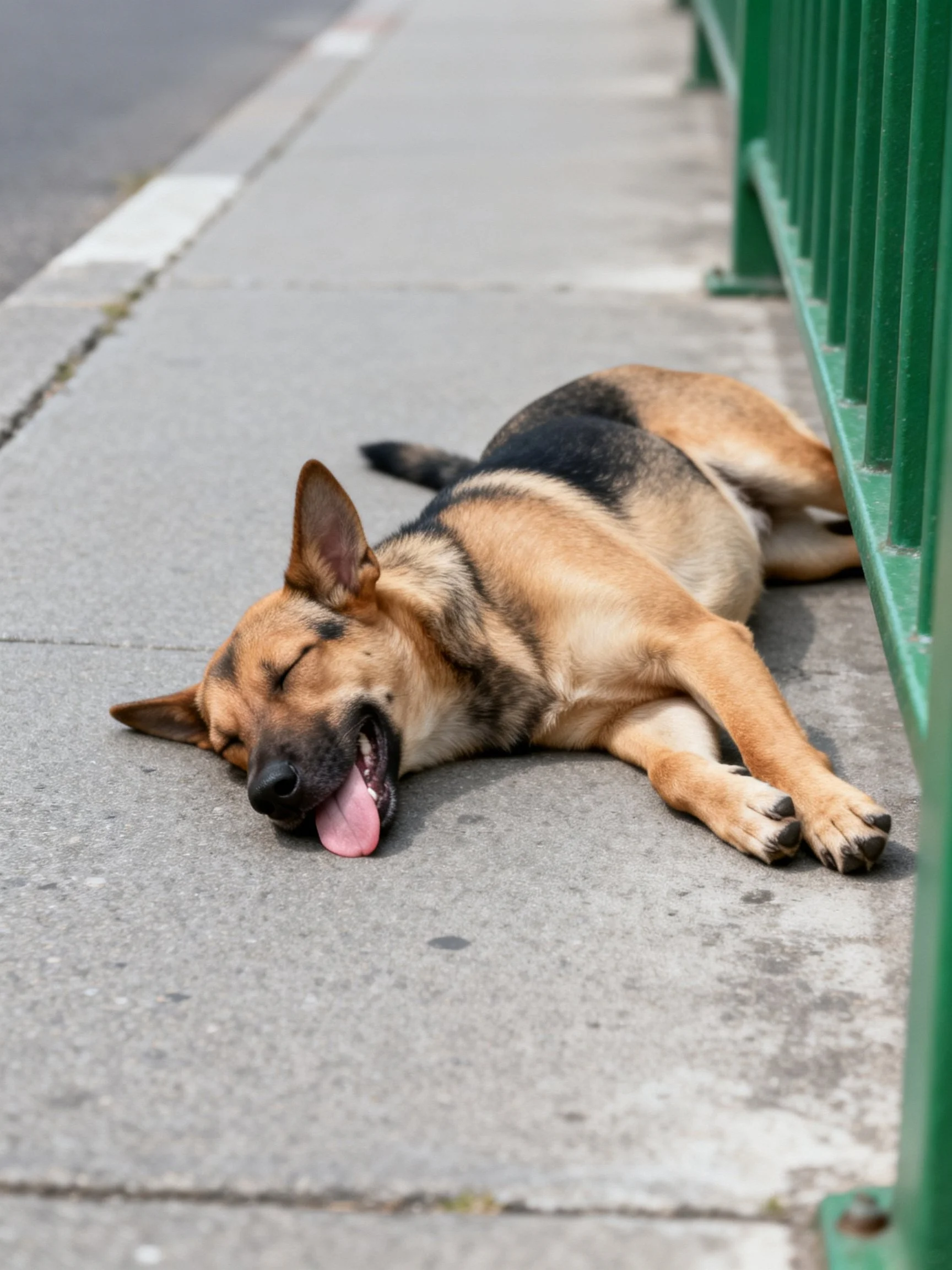 A tanand black German Shepherd rests on a concrete sidewalk near a green railing