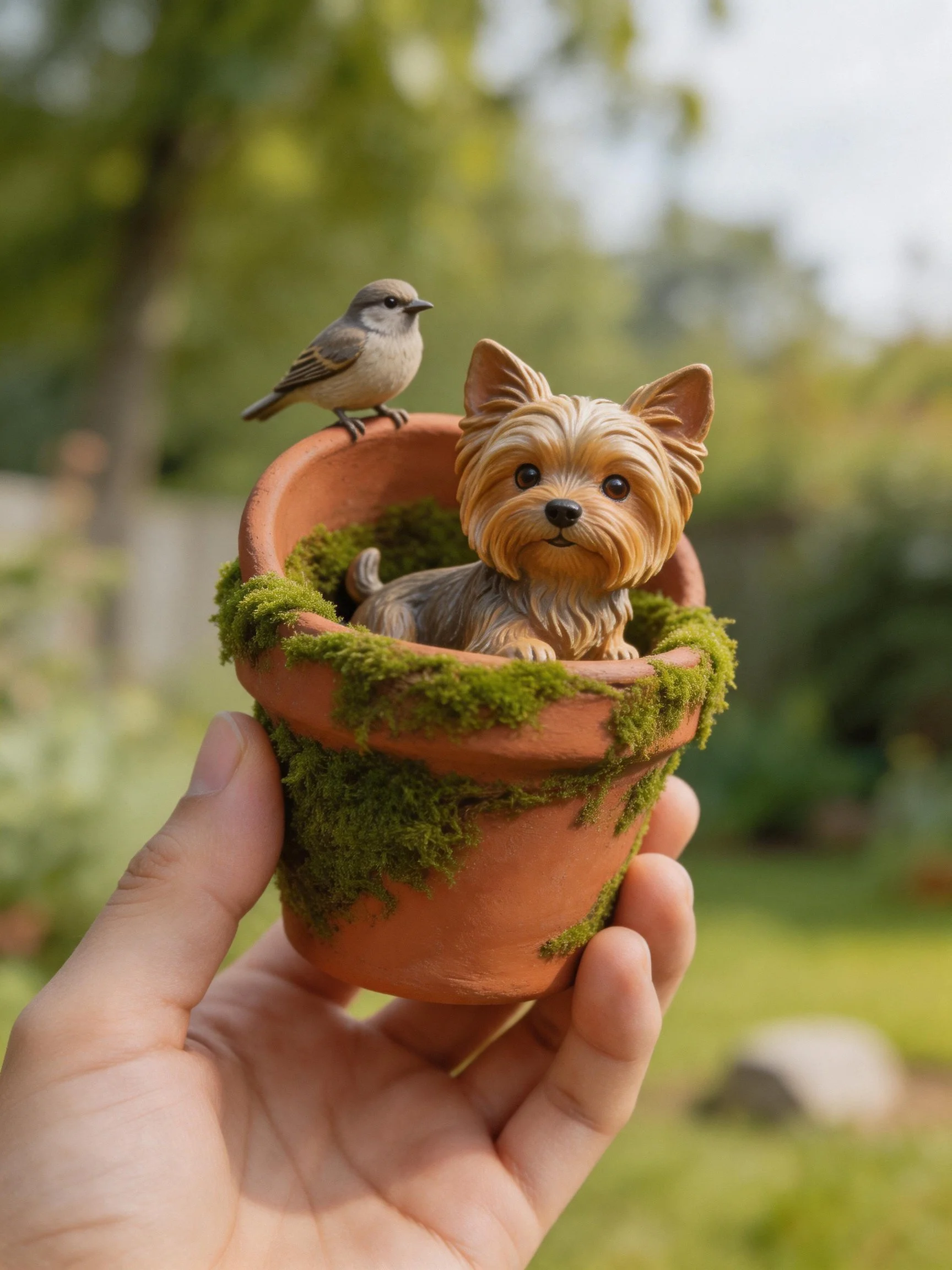 A hand holds a moss-covered terracotta pot with a Yorkie figurine and a bird