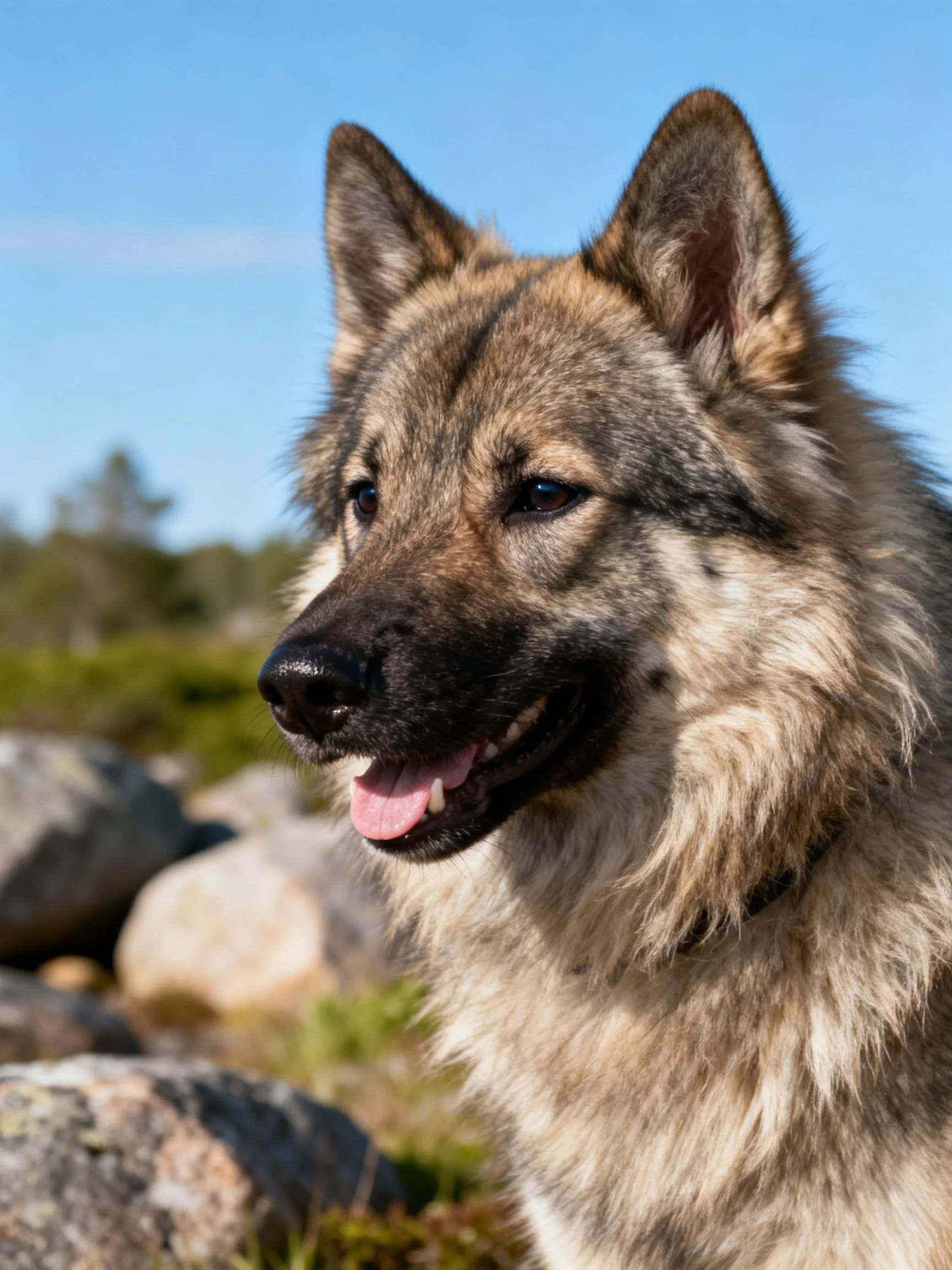 A dog with thick fur stands near rocks under a clear sky.
