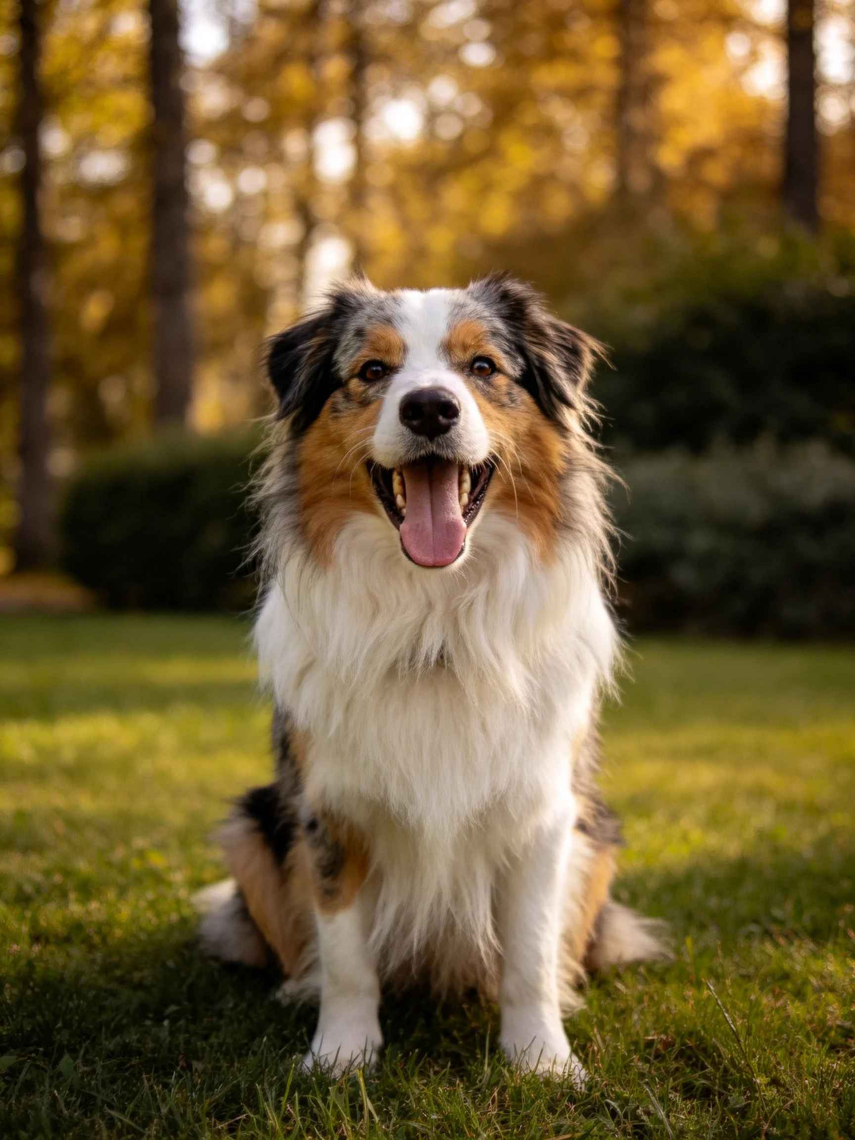A tri-colored Australian Shepherd sits happily on green grass near autumn trees