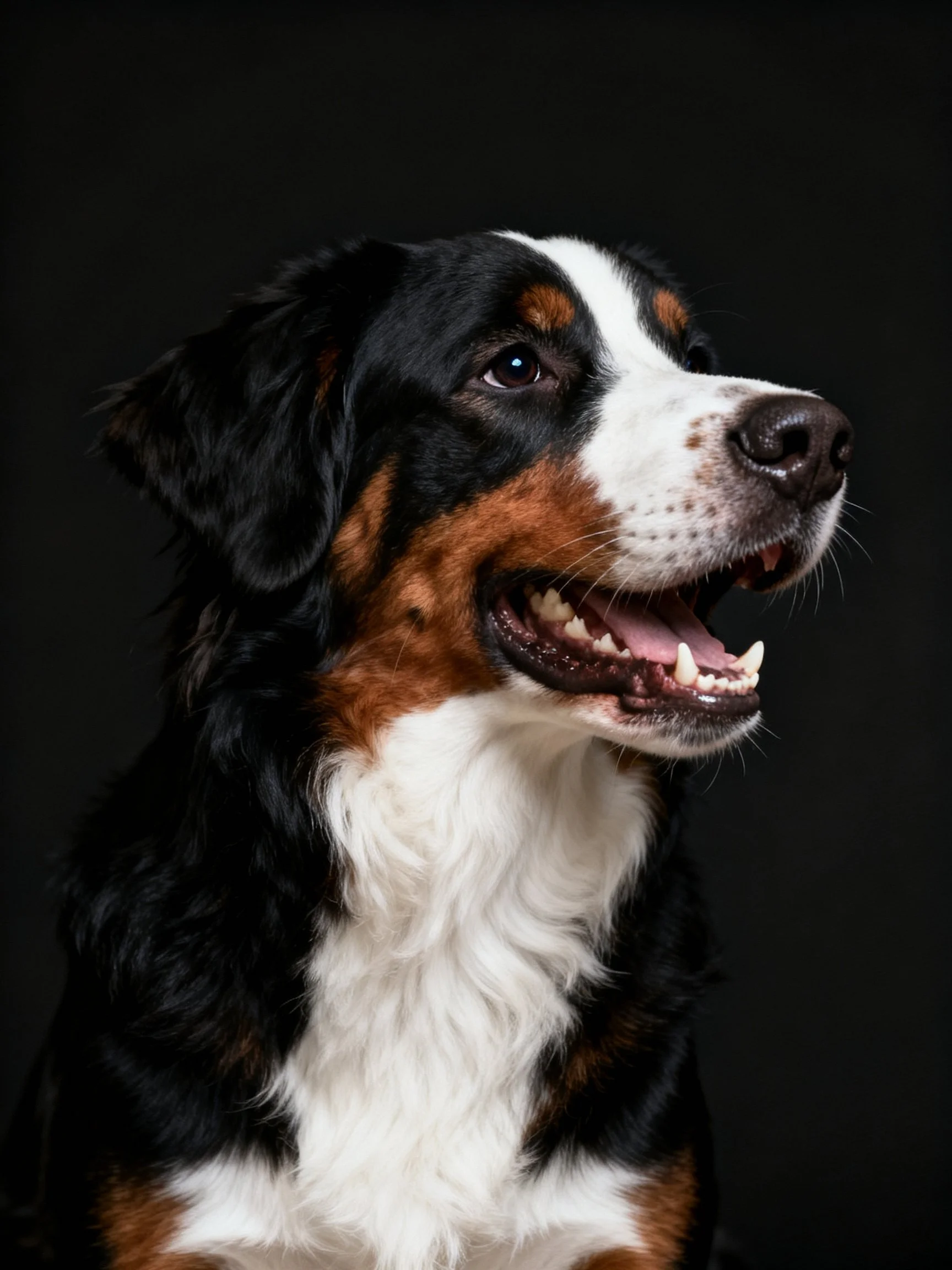 A tri-colored Bernese Mountain Dog posed against a dark backdrop
