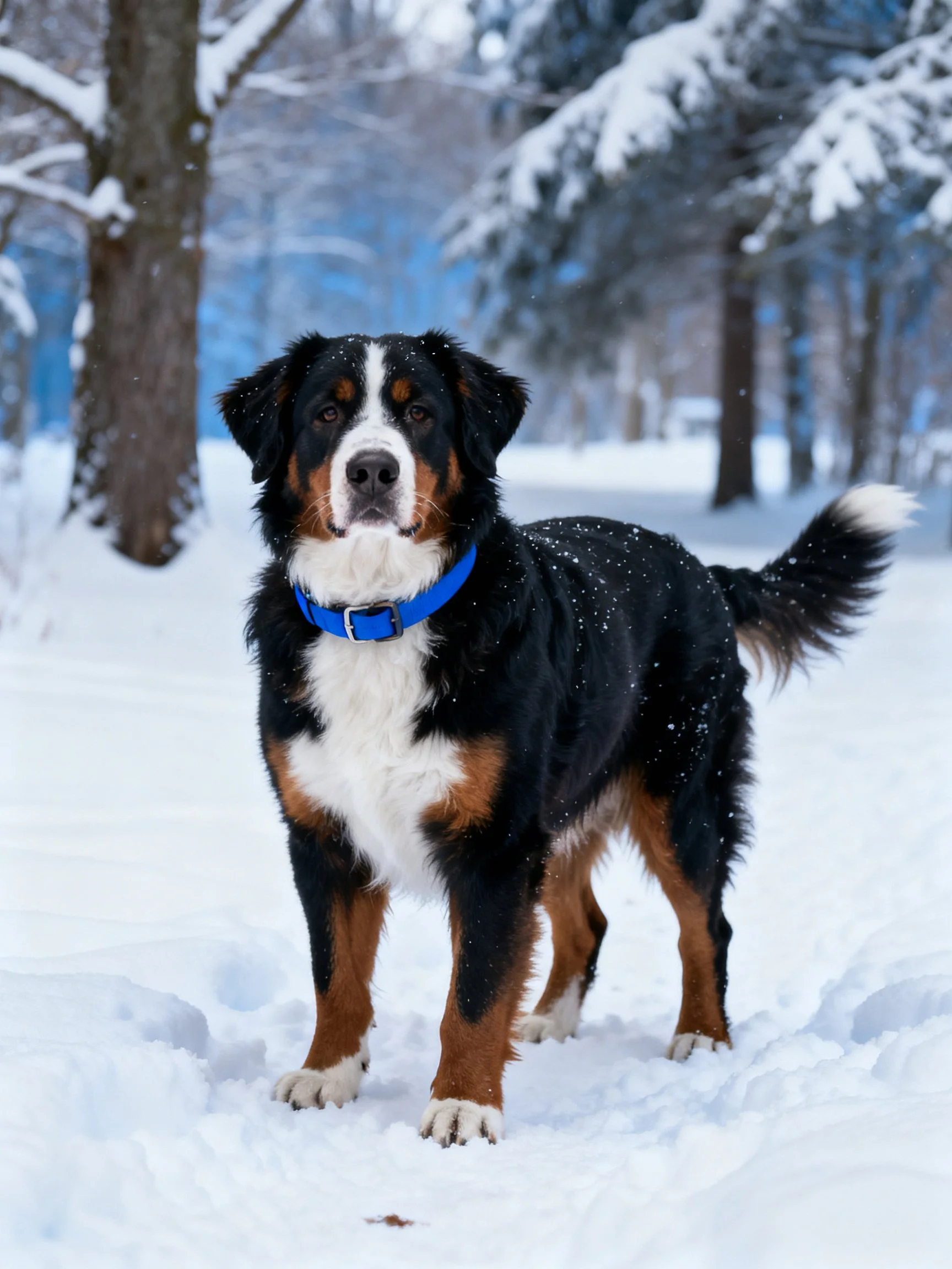 A tri - colored Bernese Mountain Dog stands on a snowy path amid snow - covered trees.