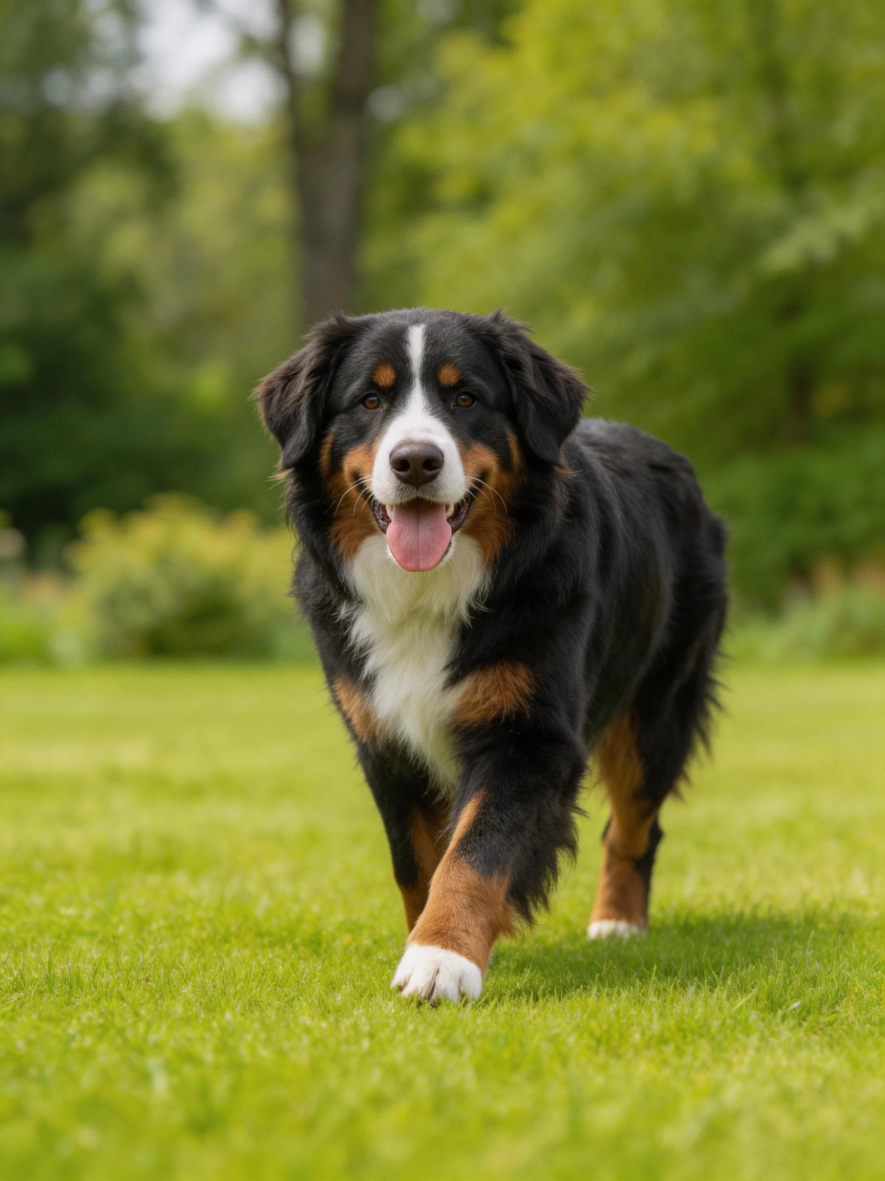 A tri-colored Bernese Mountain Dog walks on lush green grass