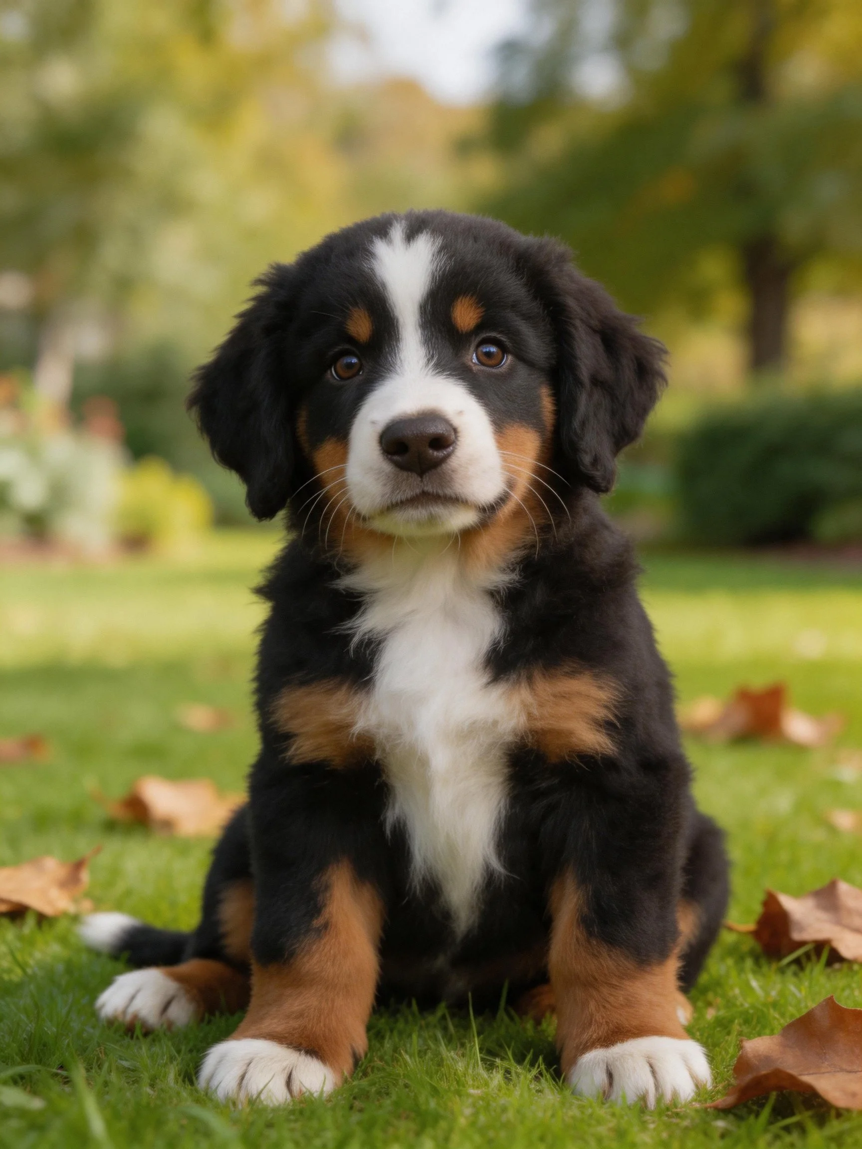 A tri-colored Bernese puppy sits calmly on grass surrounded by fallen leaves.