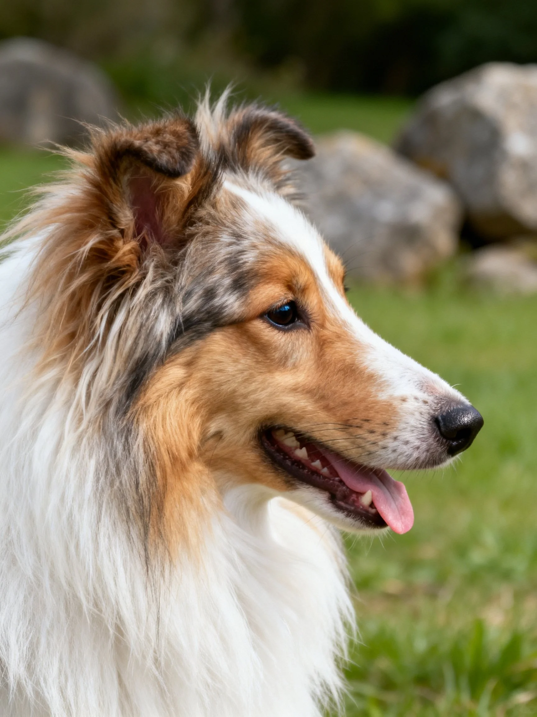 A tri-color Sheltie dog stands outdoors near rocks and grass.