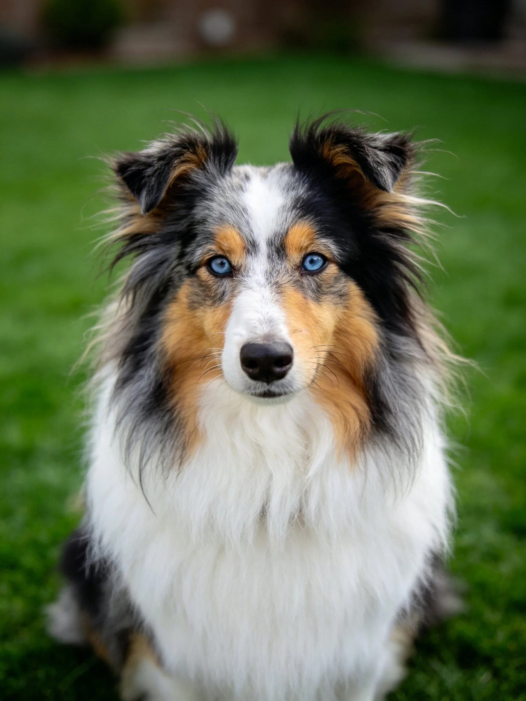 A tri-colored Sheltie with blue eyes sits calmly on green grass.