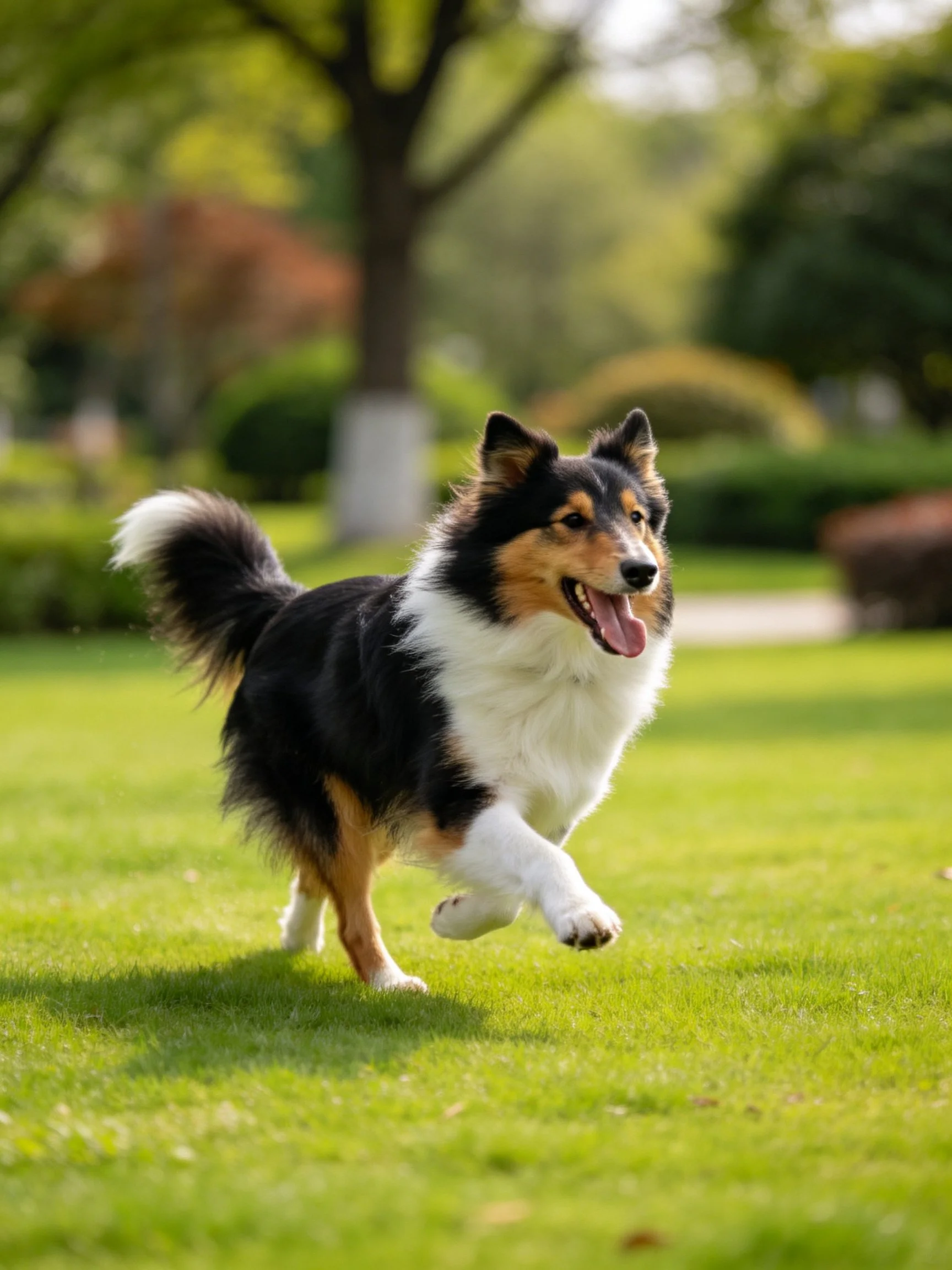 A tri-colored Shetland Sheepdog runs energetically on lush green grass