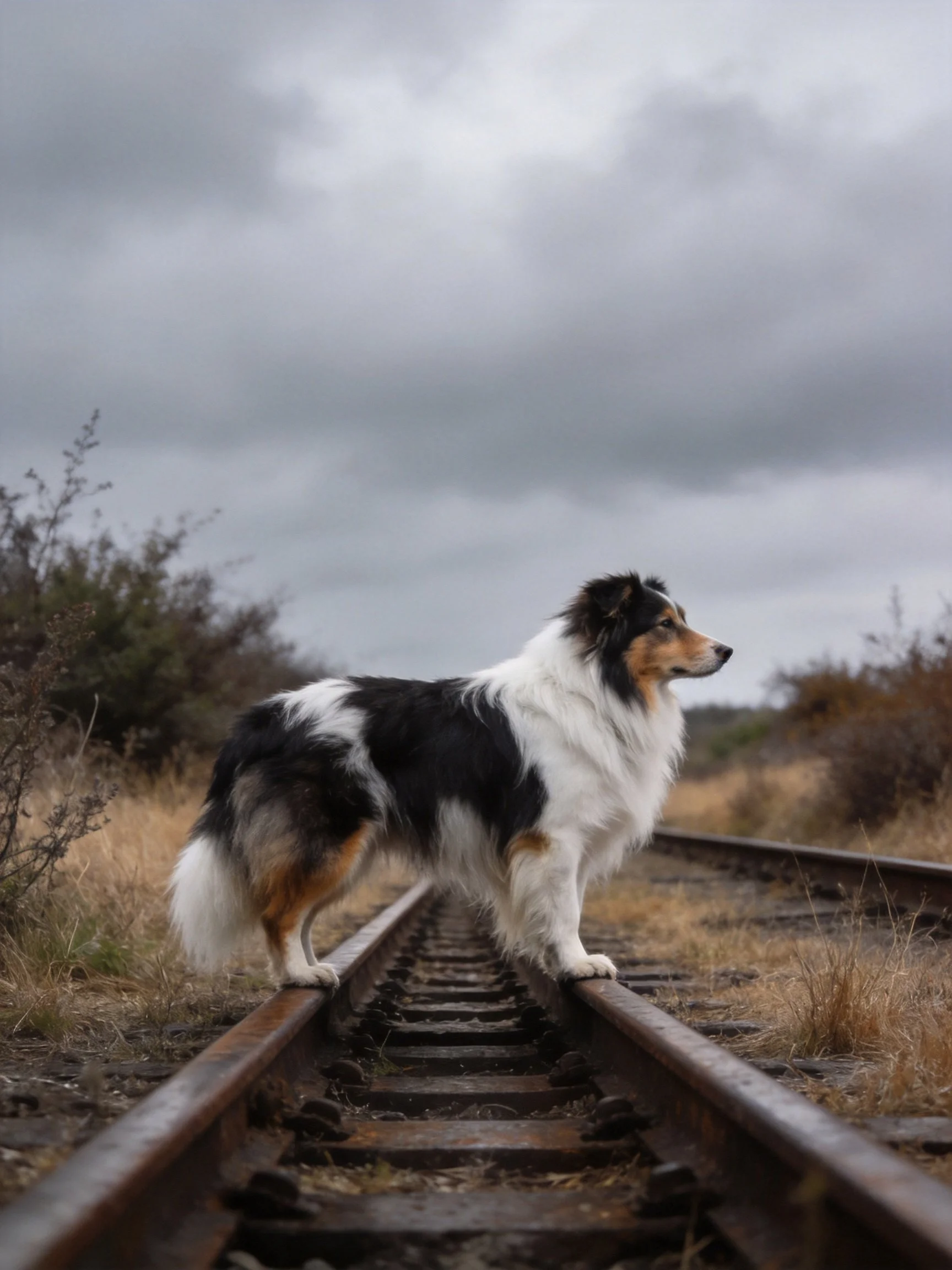 A tri-colored collie stands on weathered railroad tracks under gray clouds