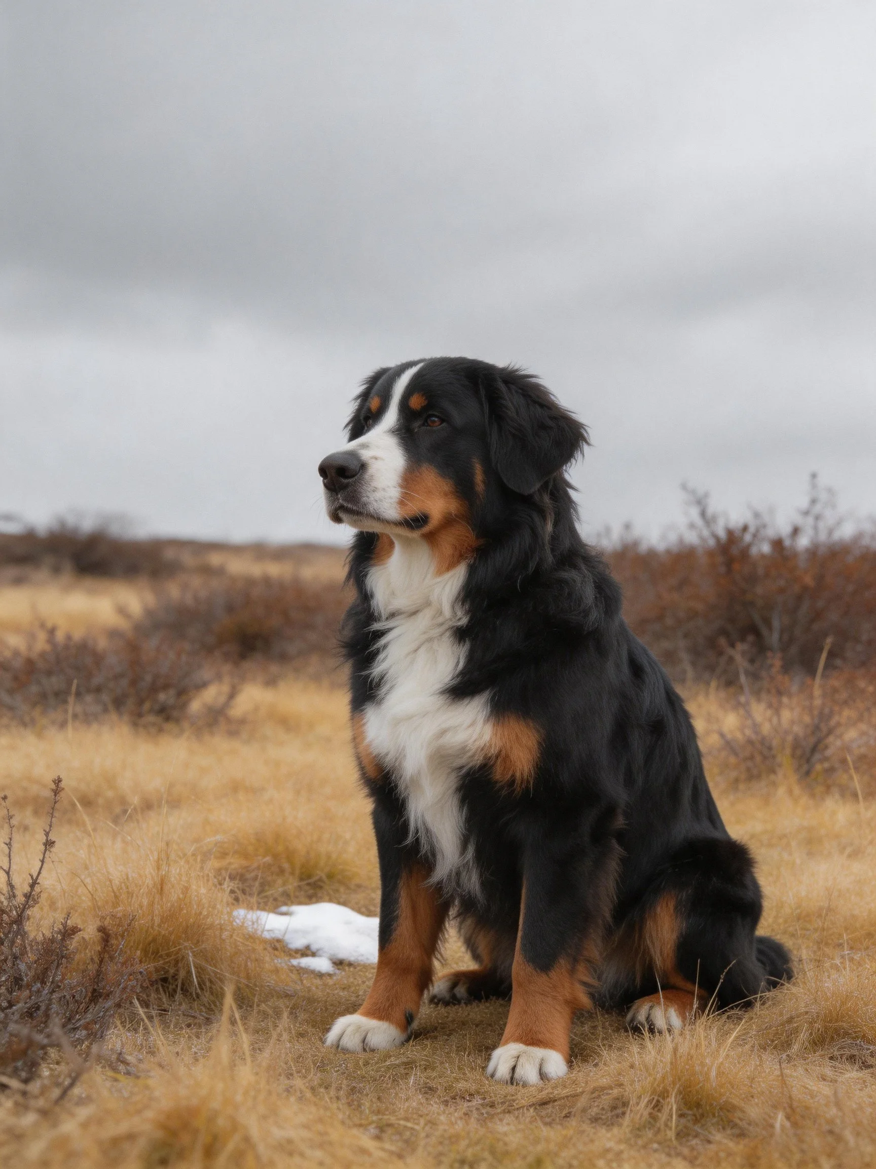A tri - colored dog sits in a dry, open field under gray skies