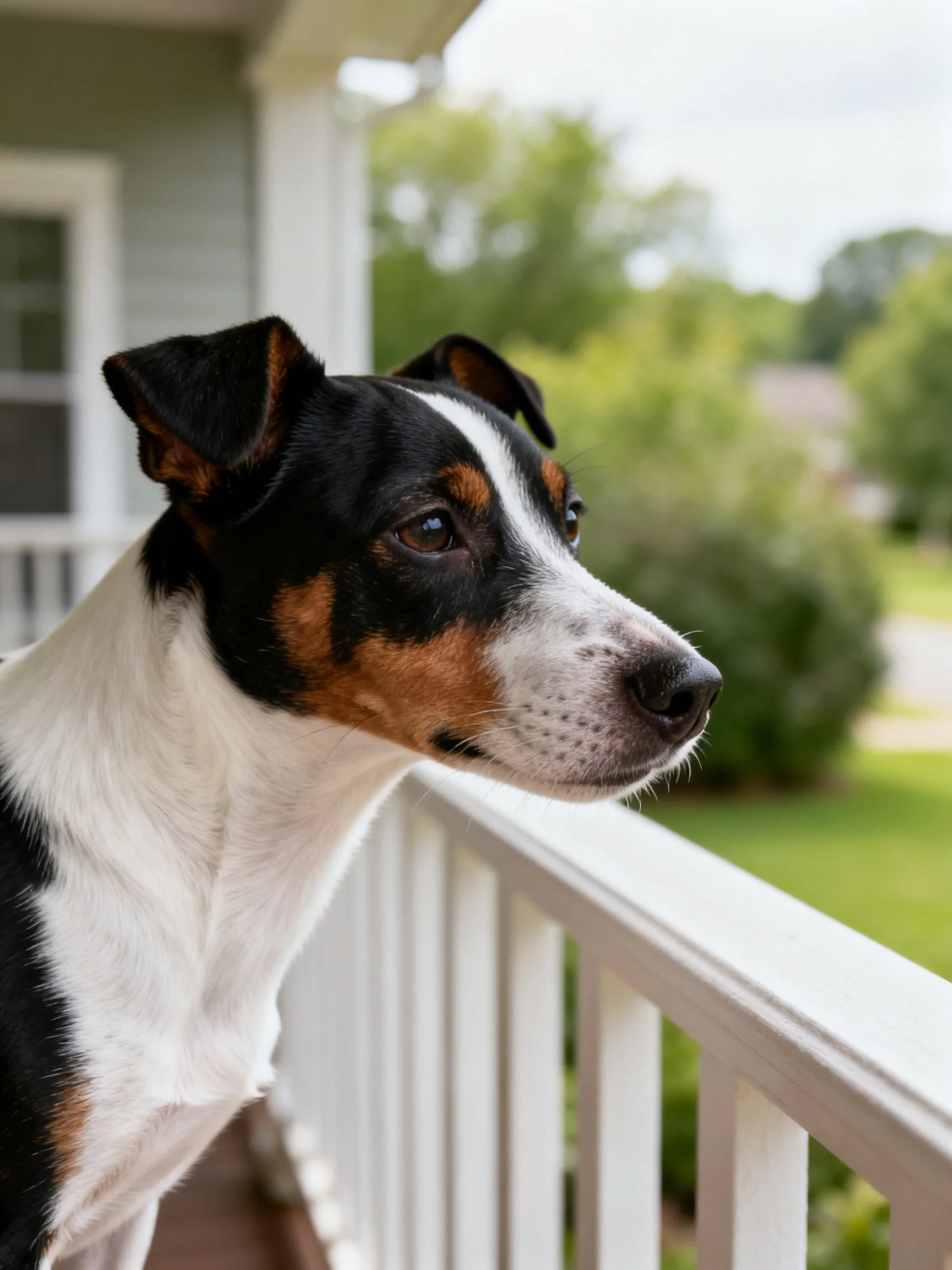 A tri-colored dog stands on porch railings, gazing outward.