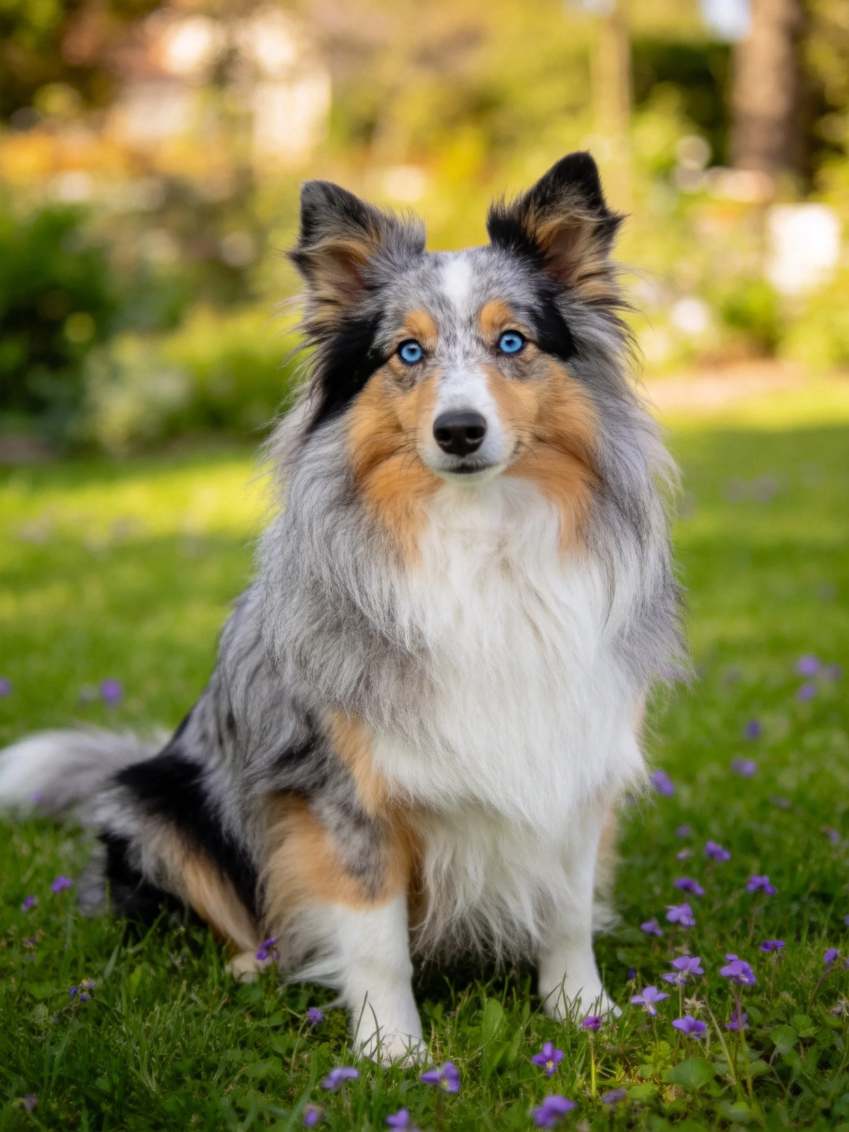 A tri-colored dog with blue eyes sits calmly on grass surrounded by small purple flowers.
