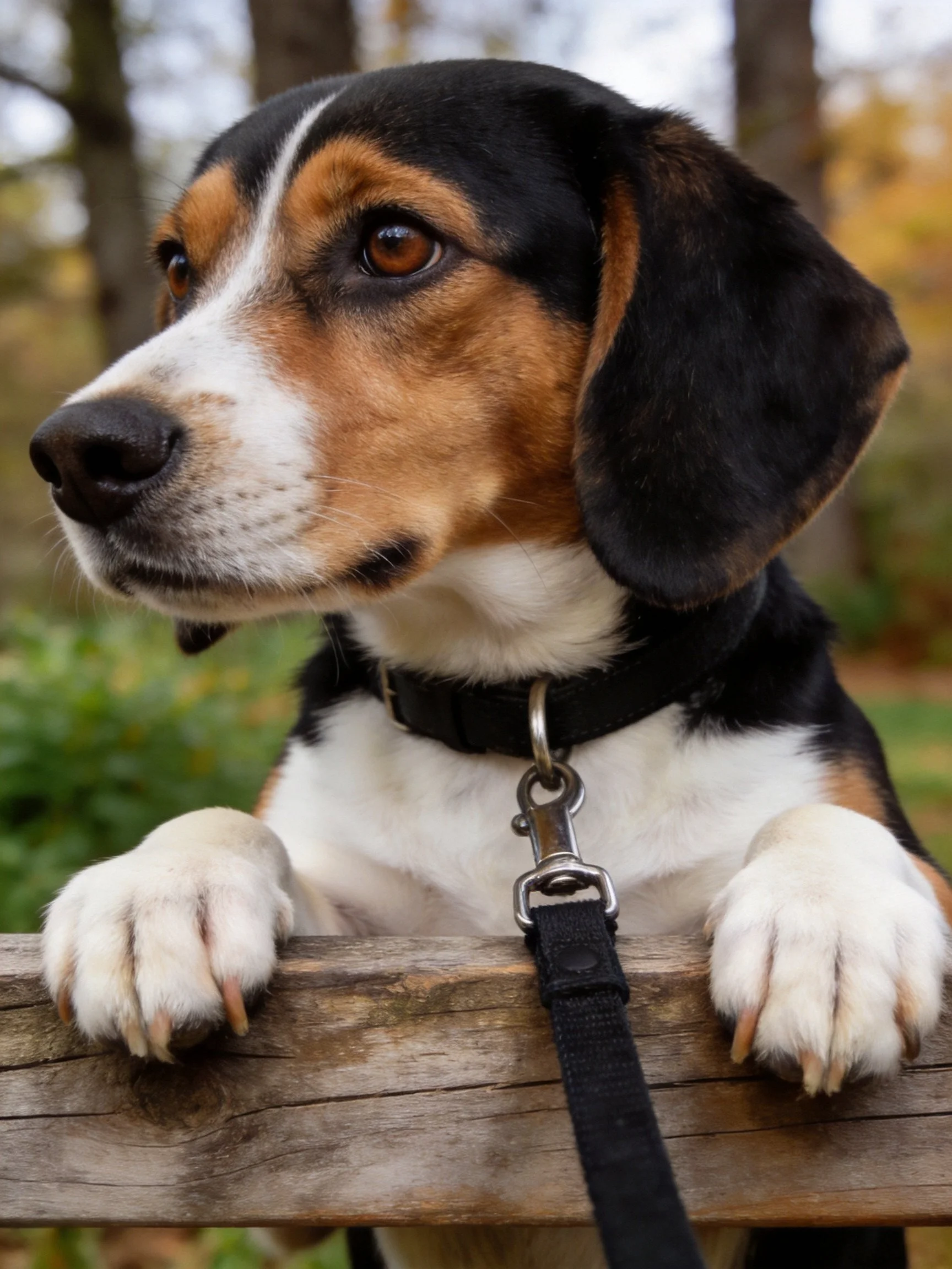 A tri-colored dog with large ears leans over a wooden fence in an outdoor setting.