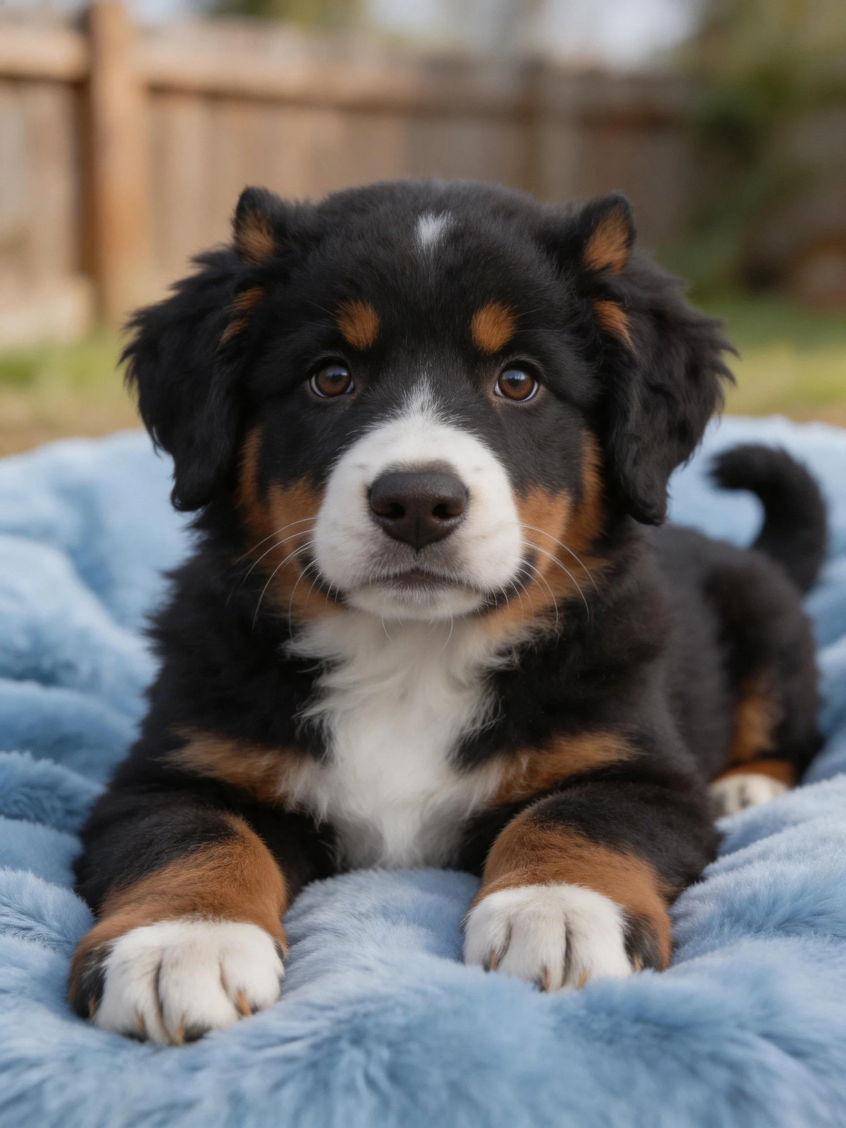 A tri - colored puppy relaxes on a plush blue blanket in an outdoor setting.