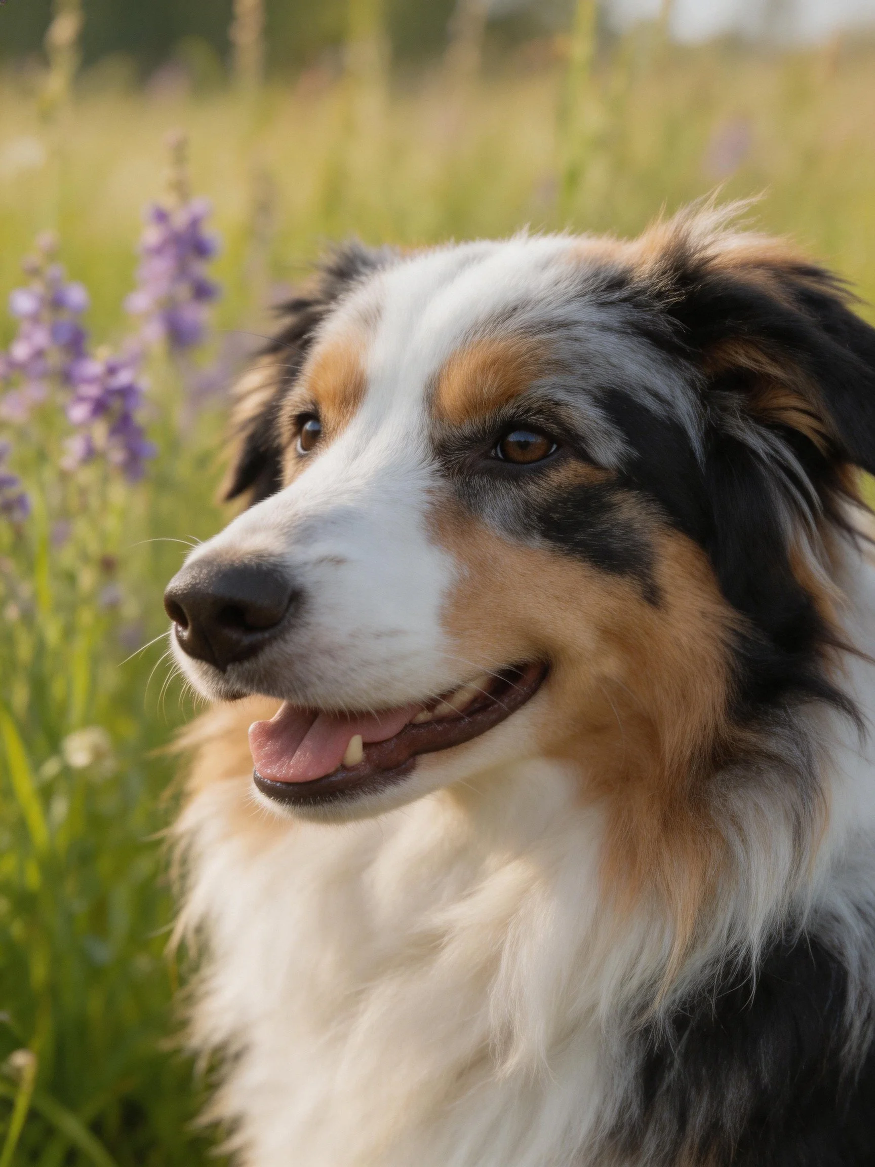 A tricolor Australian Shepherd relaxes in a sunlit meadow withwildflowers