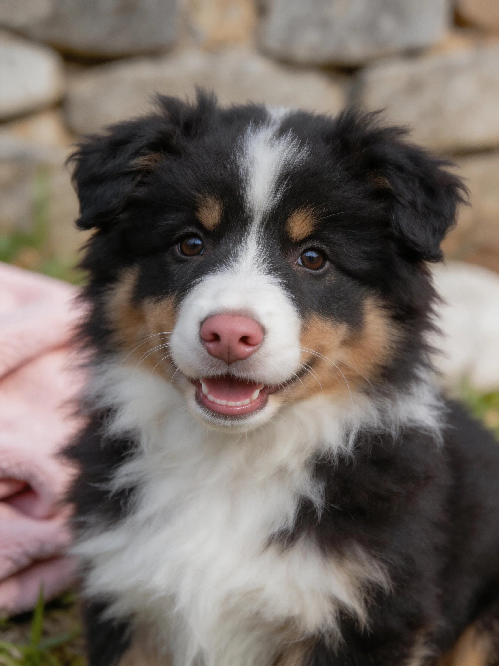 A tricolor Australian Shepherd puppy sits near a pink blanket outside.