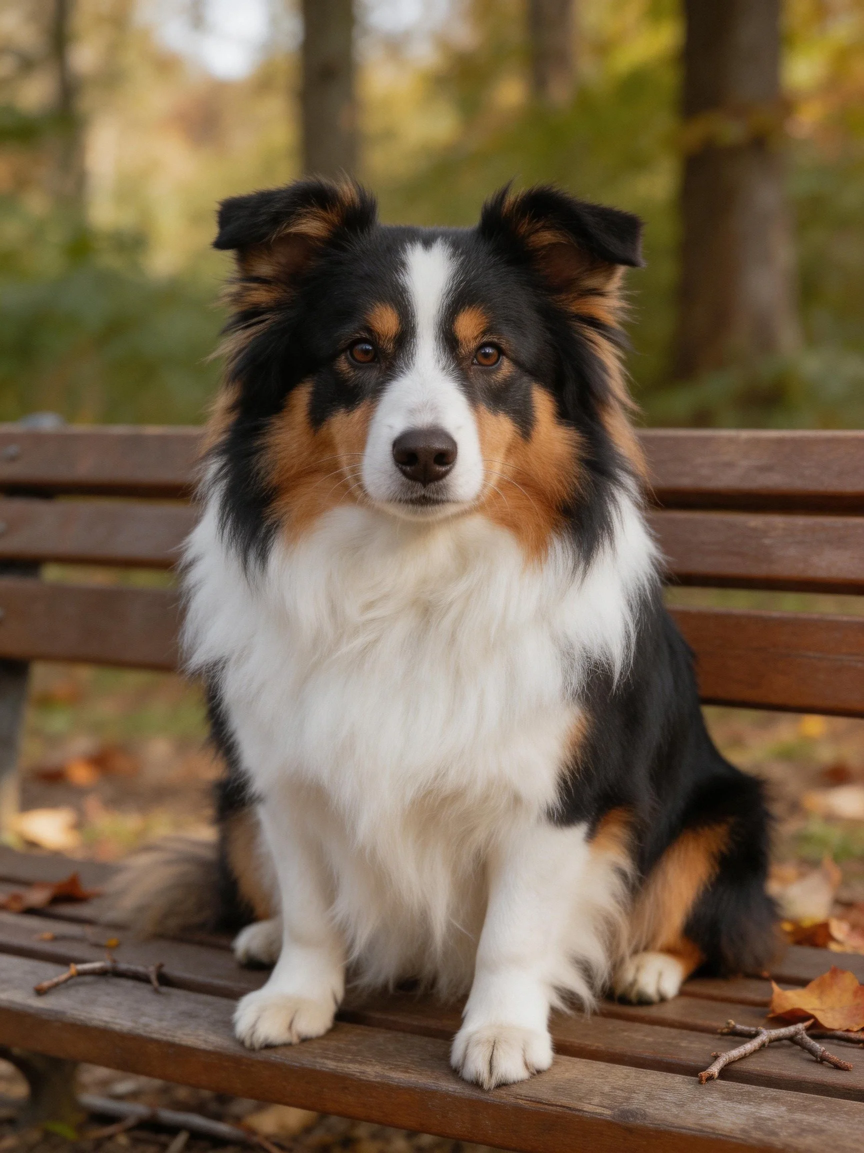 A tricolor Australian Shepherd sits on a wooden park bench