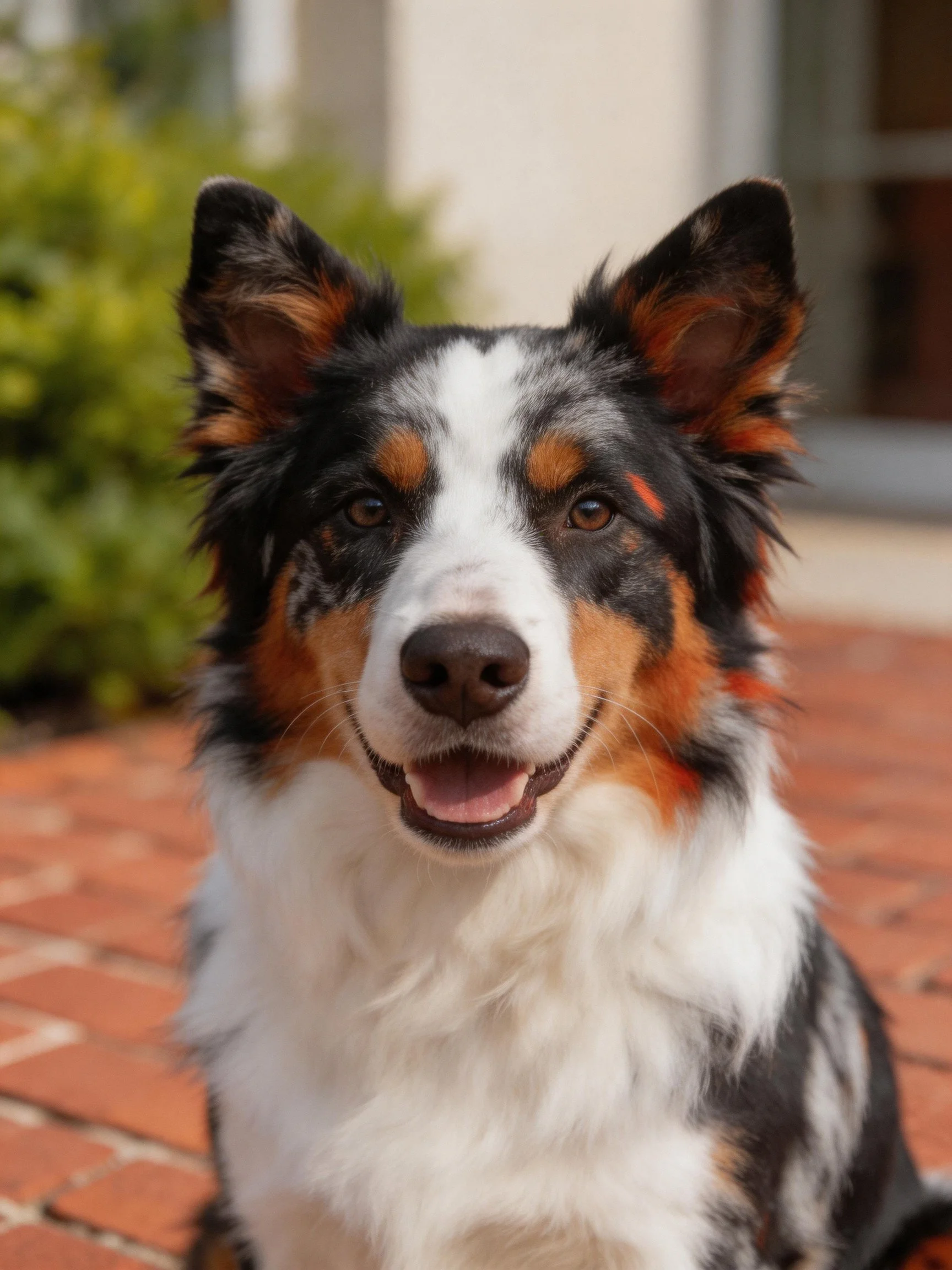 A tricolor Australian Shepherd sits happily on a brick patio with greenery nearby.