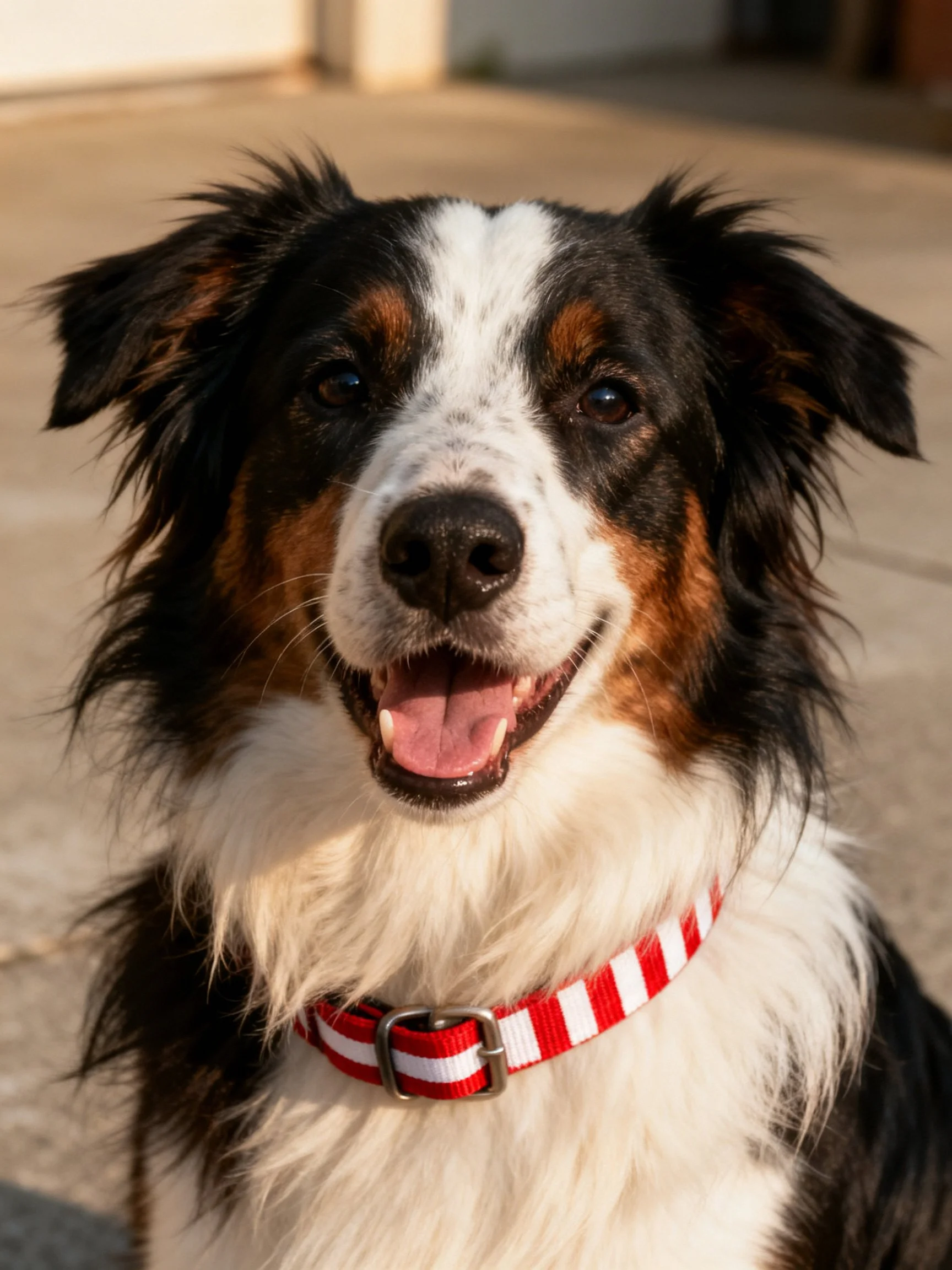 A cheerful tricolor dog wears a red-and-white collar while posing outside.