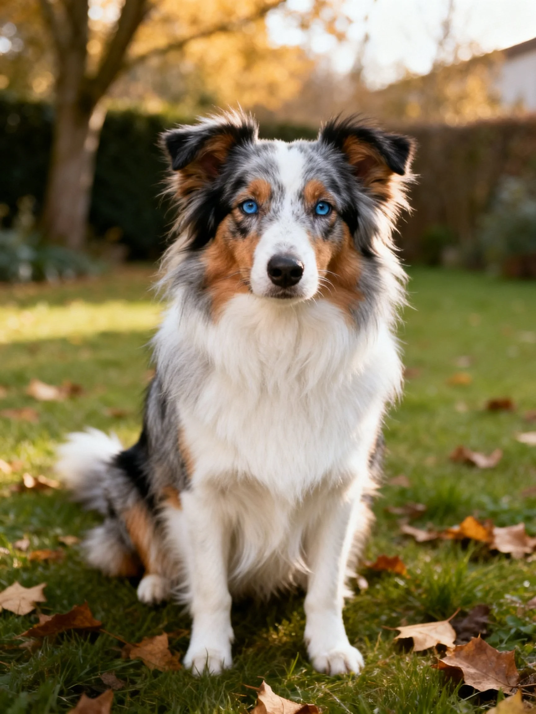 A tricolor Australian Shepherd with bright blue eyes sits on grass amid fallen leaves