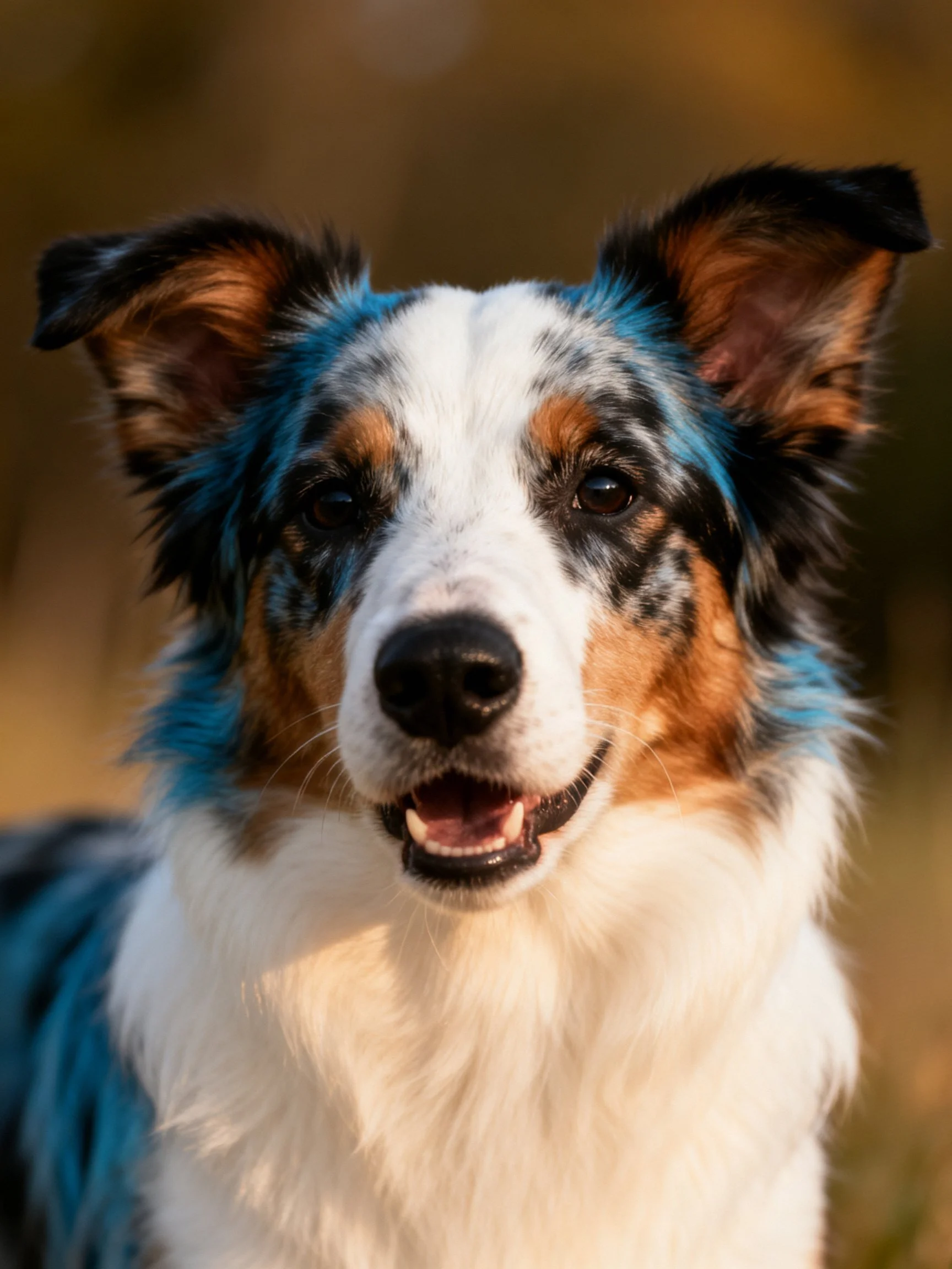 A tricolor Australian Shepherd appears cheerful outdoors with bright fur.