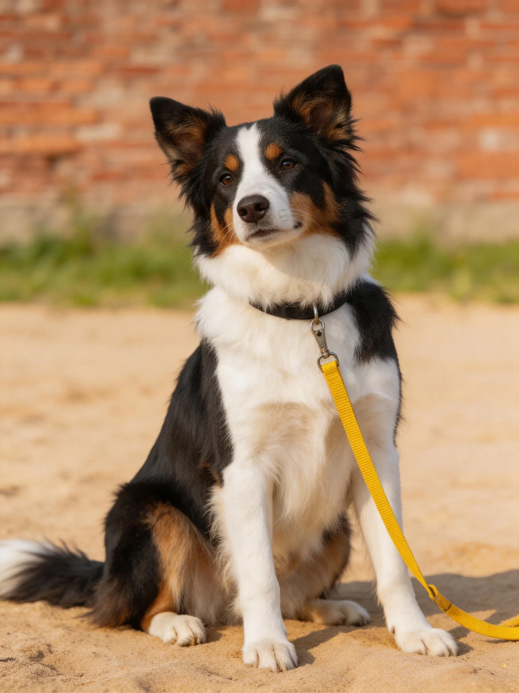 A tricolor dog sits on sandy ground with a yellow leash