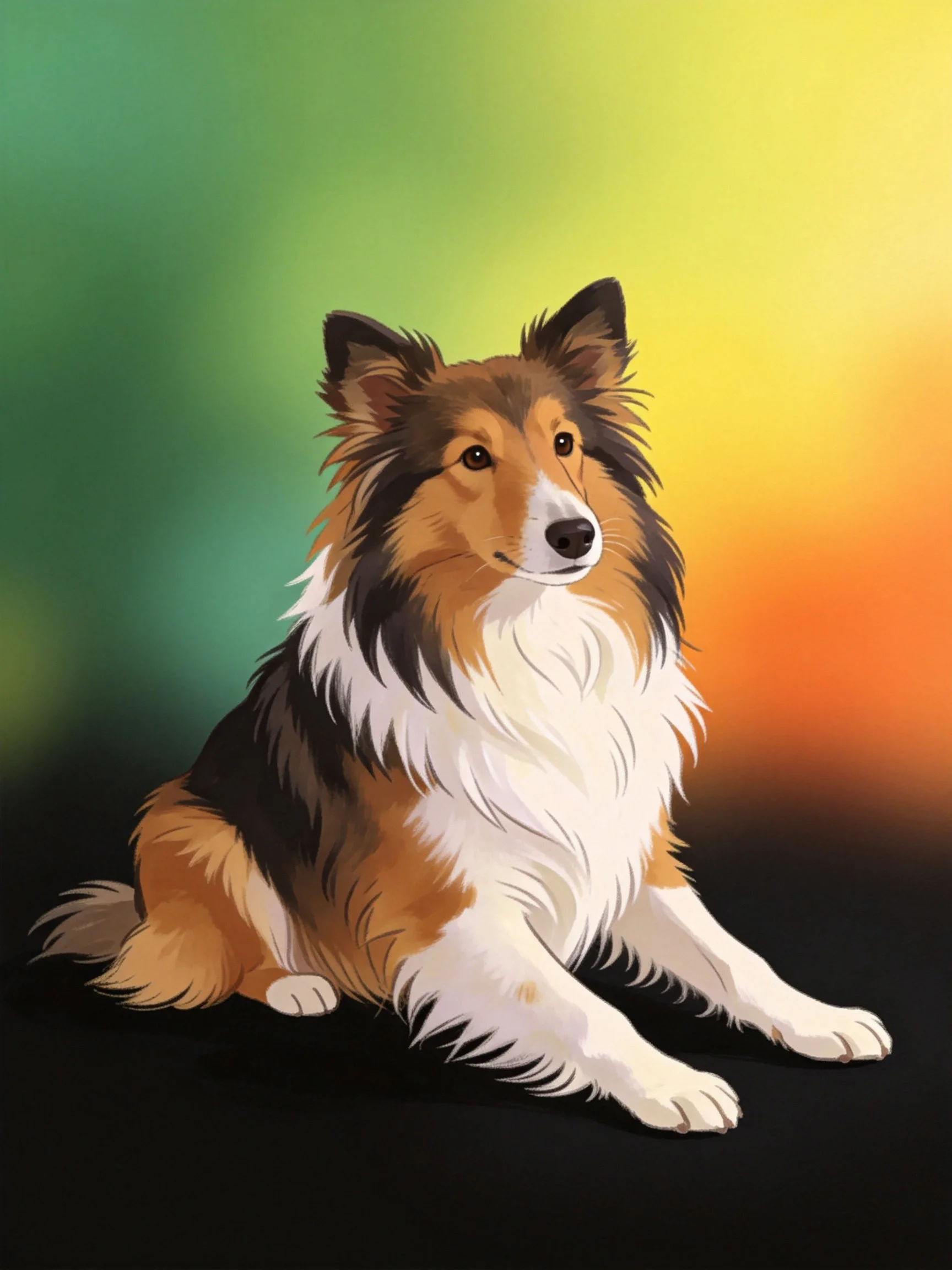 A tricolor Collie sits calmly amid a colorful gradient background