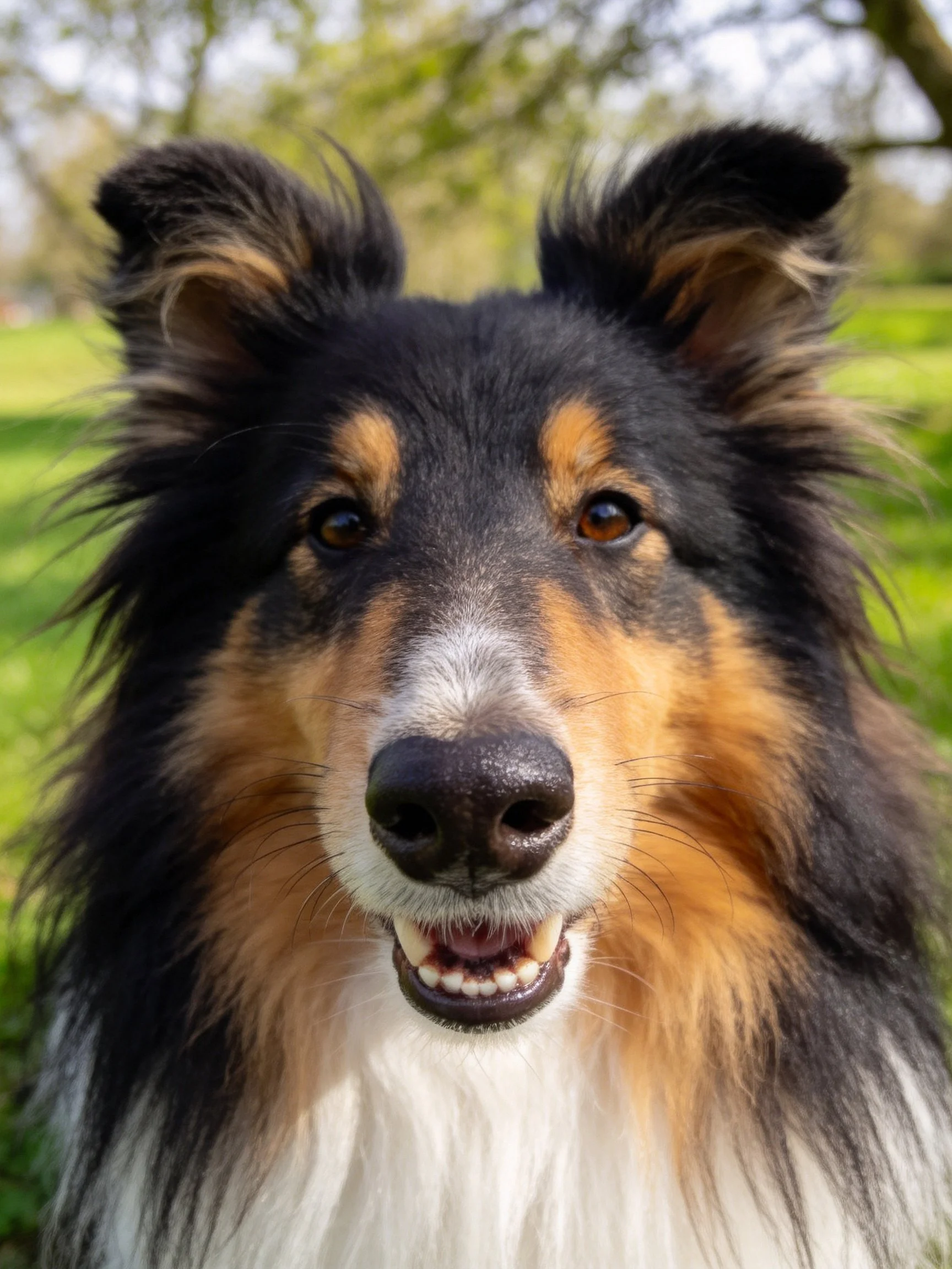 A tricolor Collie looks cheerful in a green outdoor area.