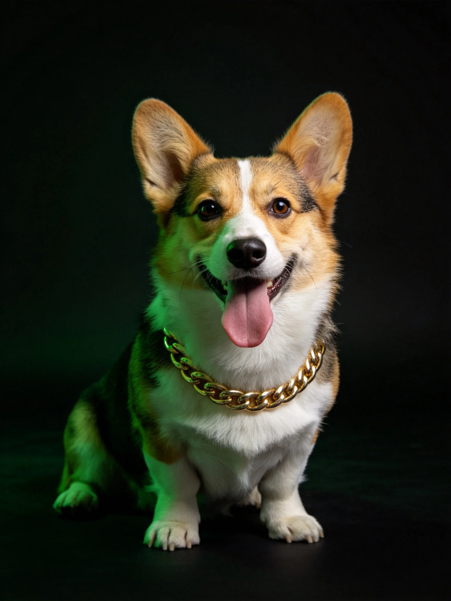 A tricolor Pembroke Welsh corgi with a thick gold chain under green lighting