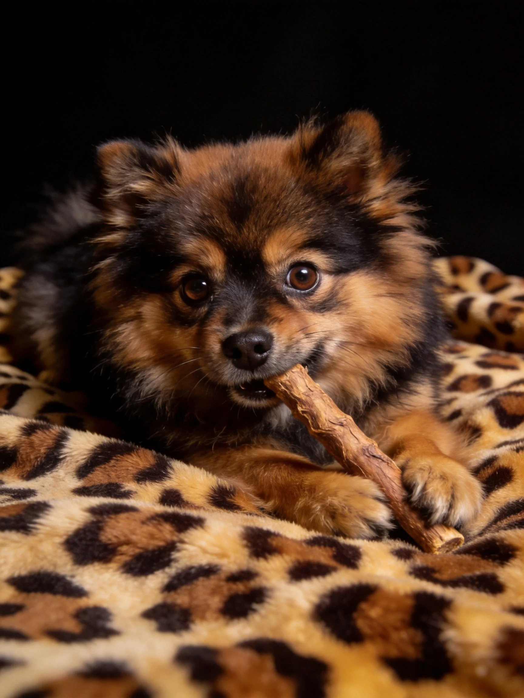 A tricolor Pomeranian puppy chews a stick while resting on a leopard print blanket.