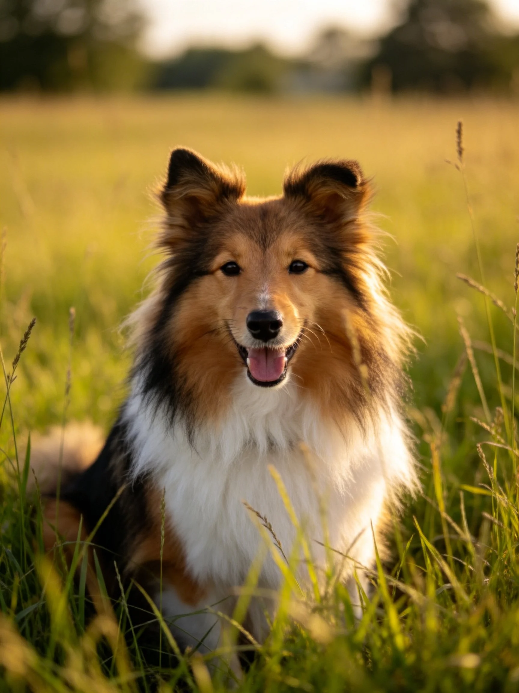 A tricolor Sheltie dog in sun-kissed grassy field