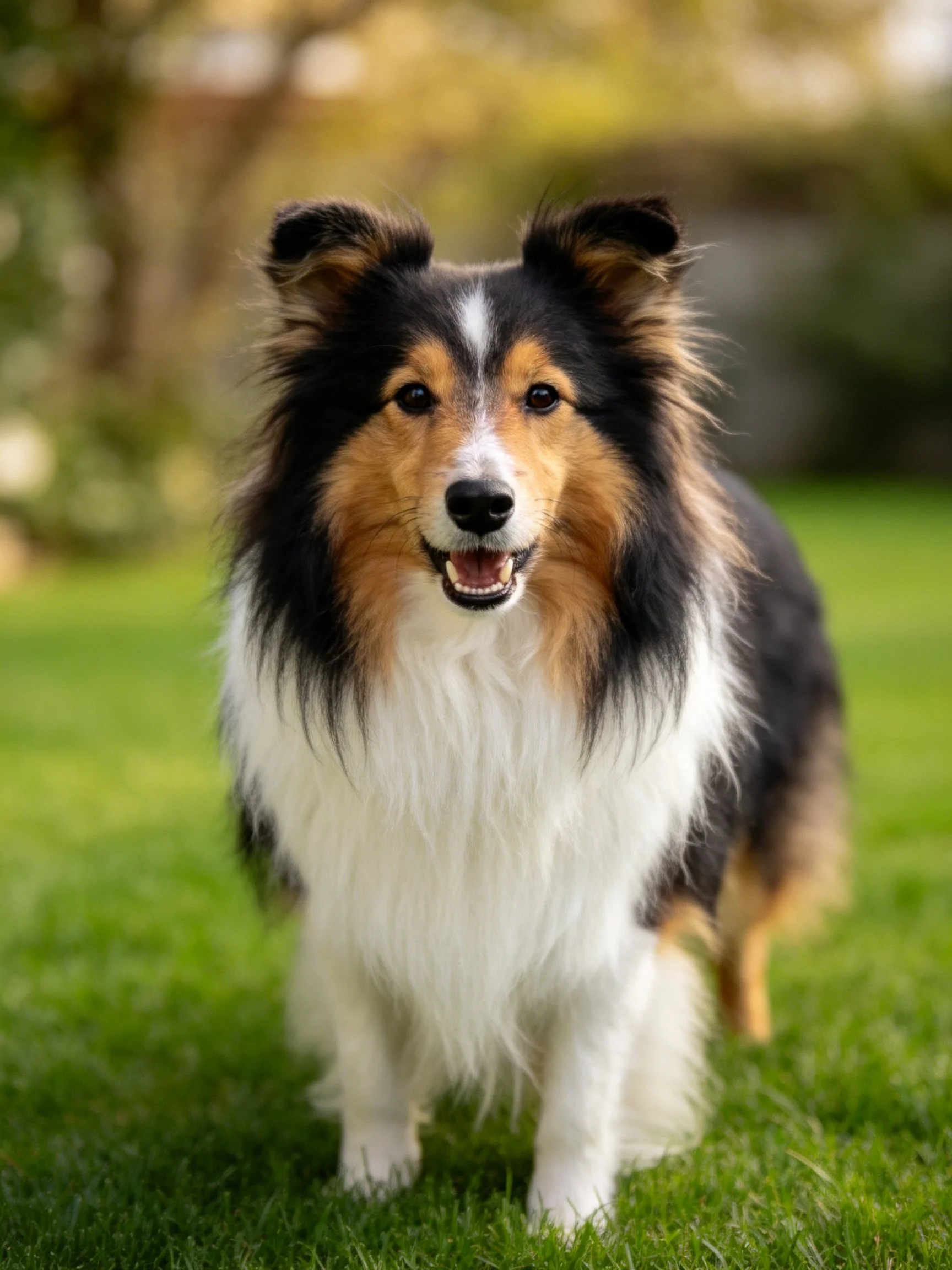A cheerful tricolor Sheltie dog stands on green grassin a sunny outdoor area.