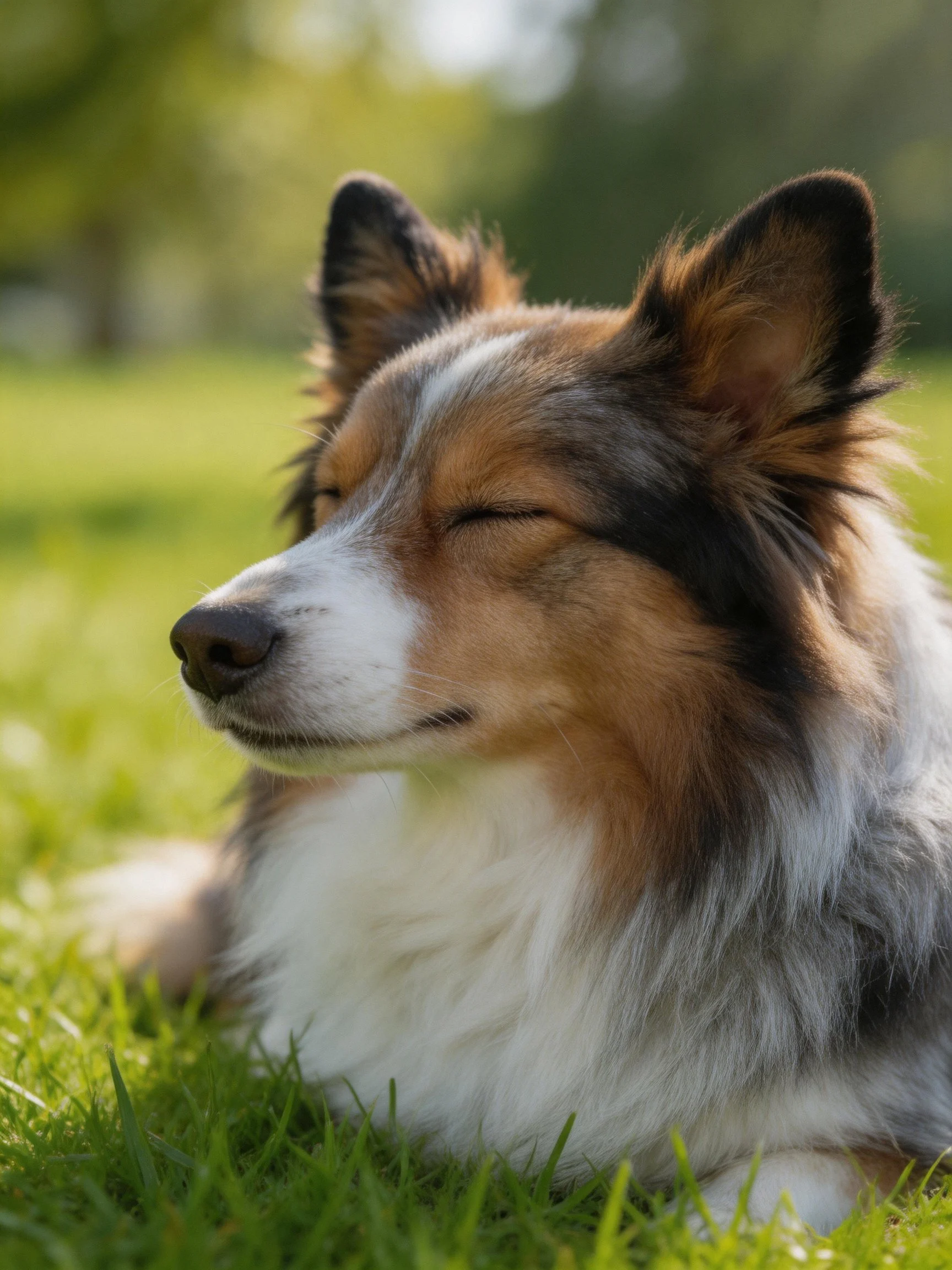 A tricolor Sheltie relaxes on green grass with eyes closed