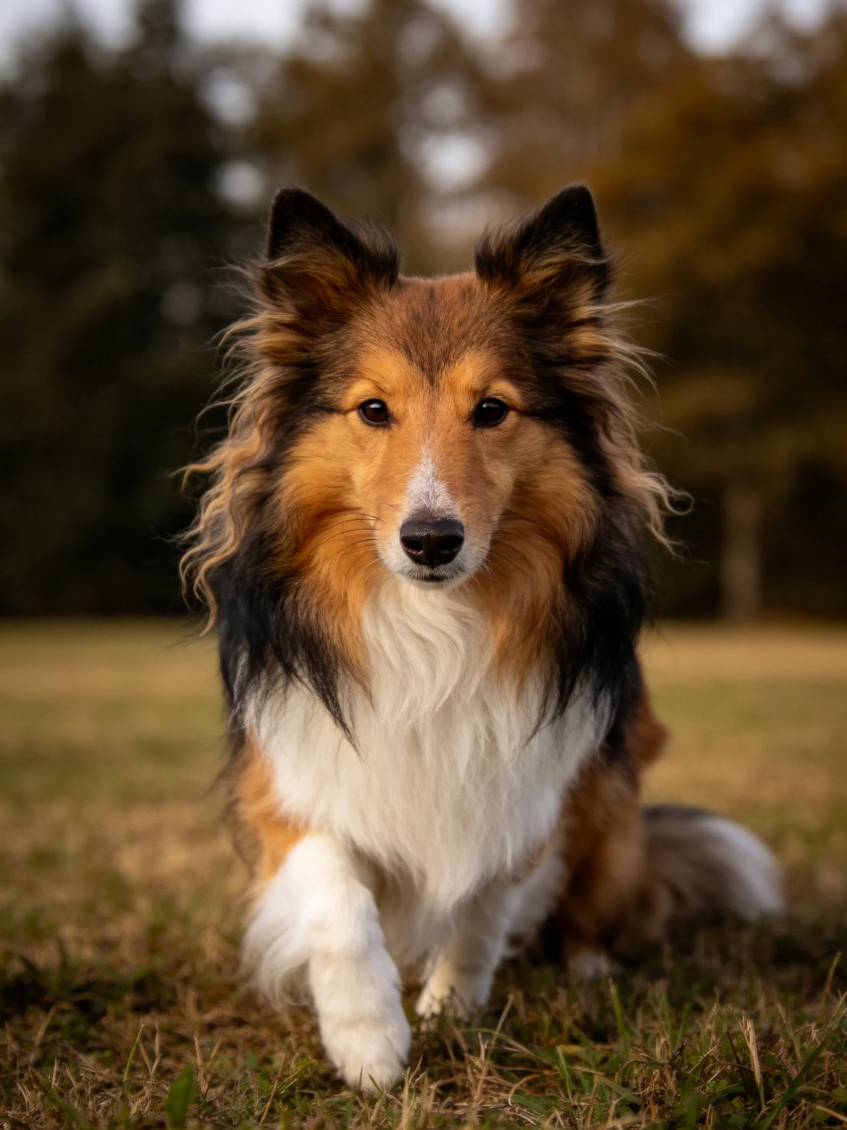 A tricolor Sheltie dog sits on grass with blurred trees in the background