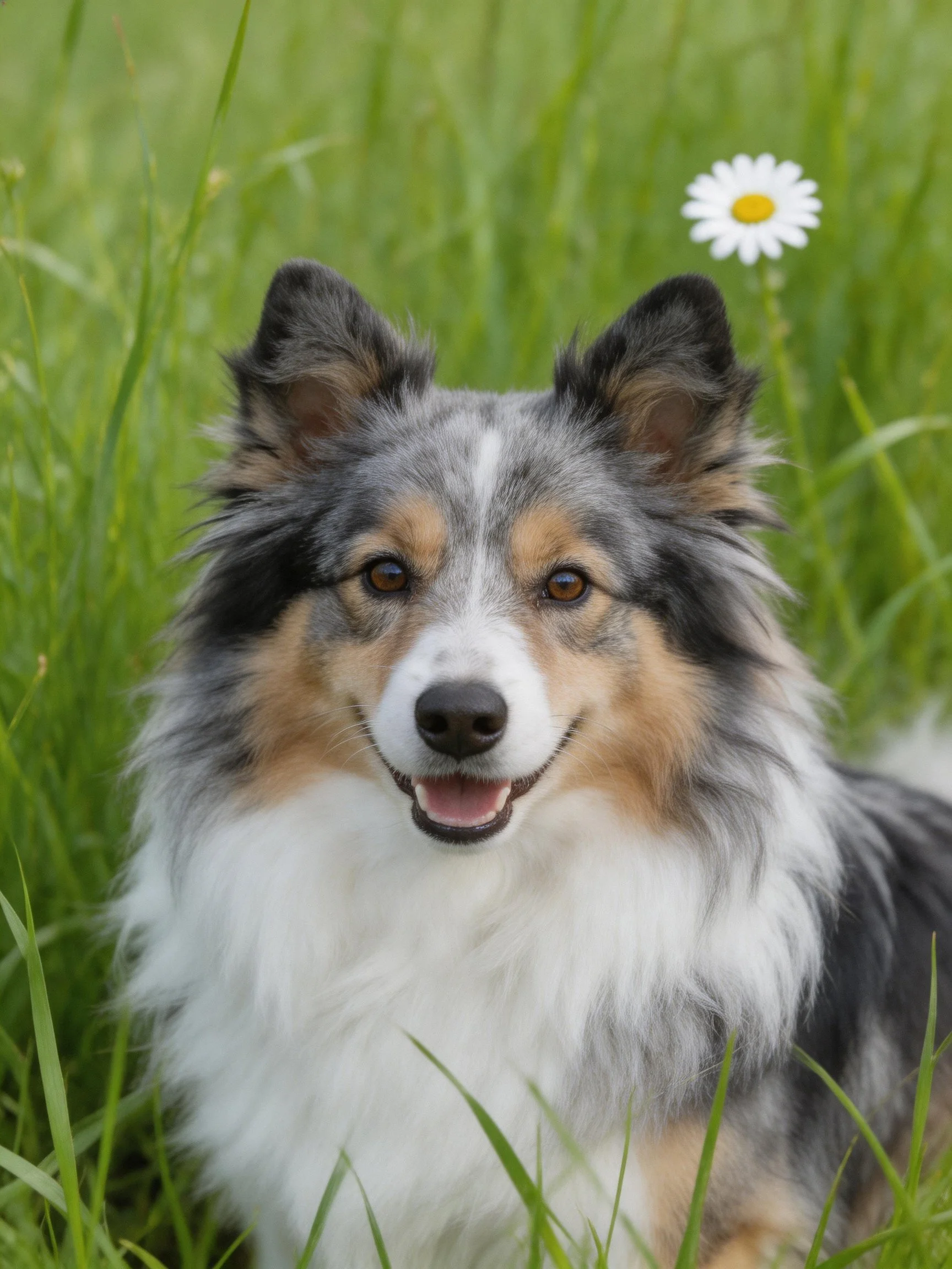 A cheerful tricolor Sheltie sits in lush green grass beside a small daisy.
