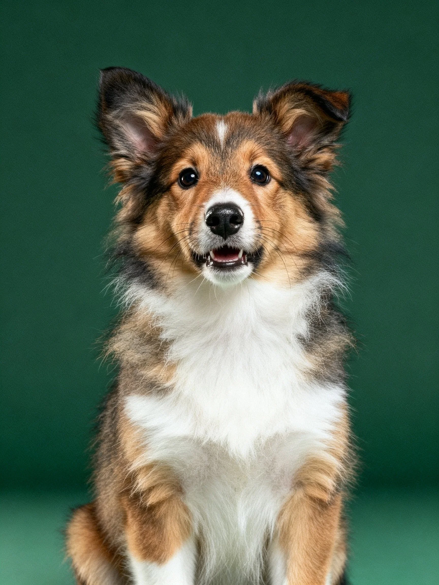 A tricolor Sheltie puppy with upright ears sits against a green backdrop
