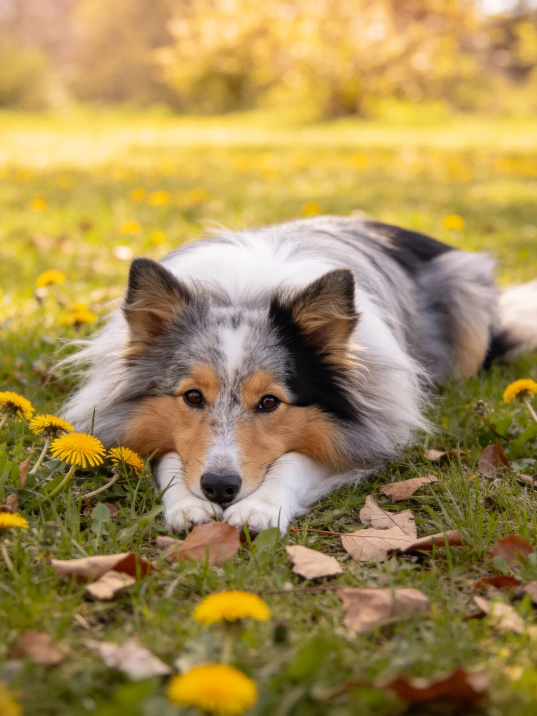 A tricolor Sheltie relaxes in a flower-filled field with scattered leaves.