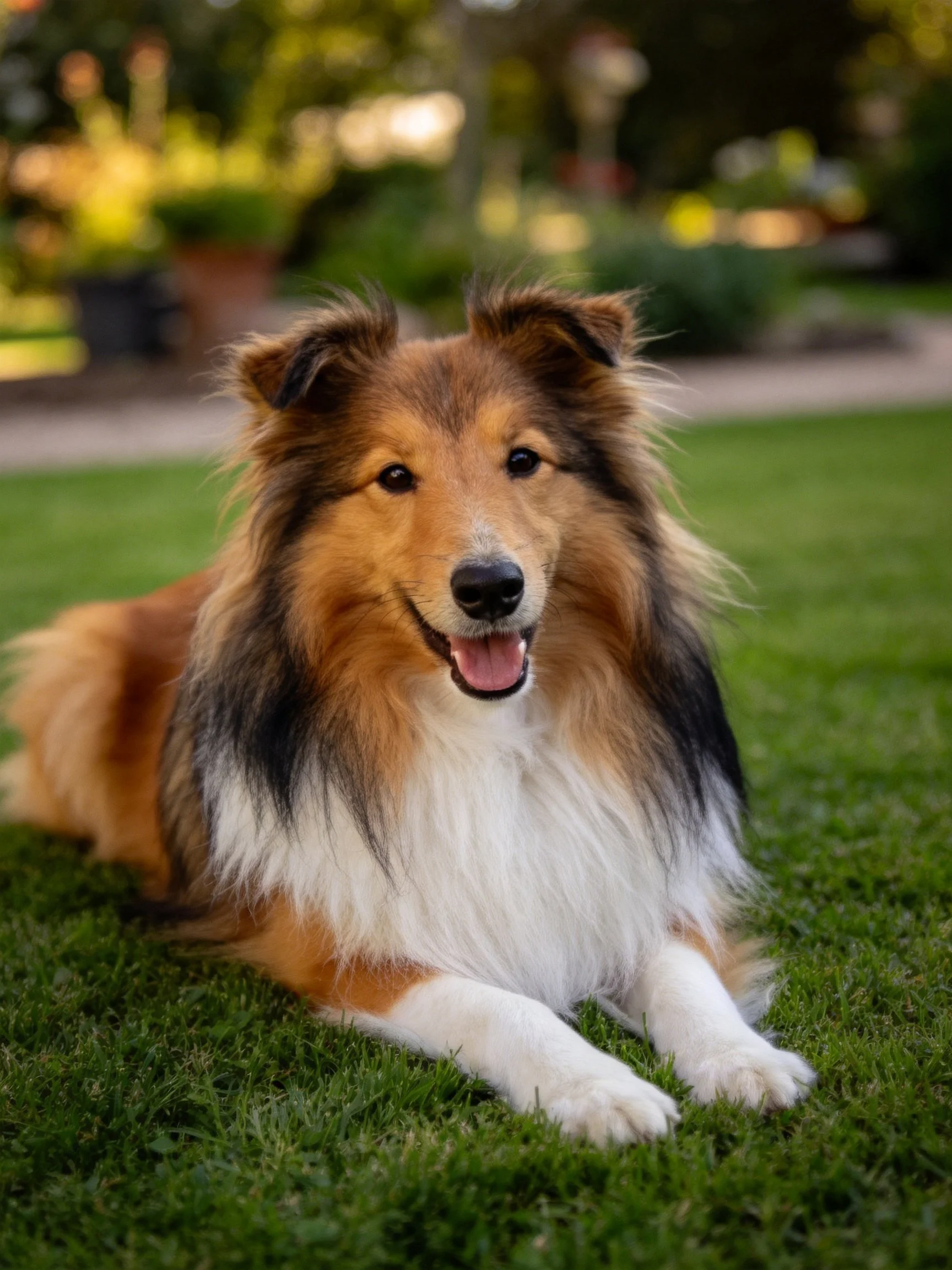 A tricolor Sheltie rests contentedly on lush green grass